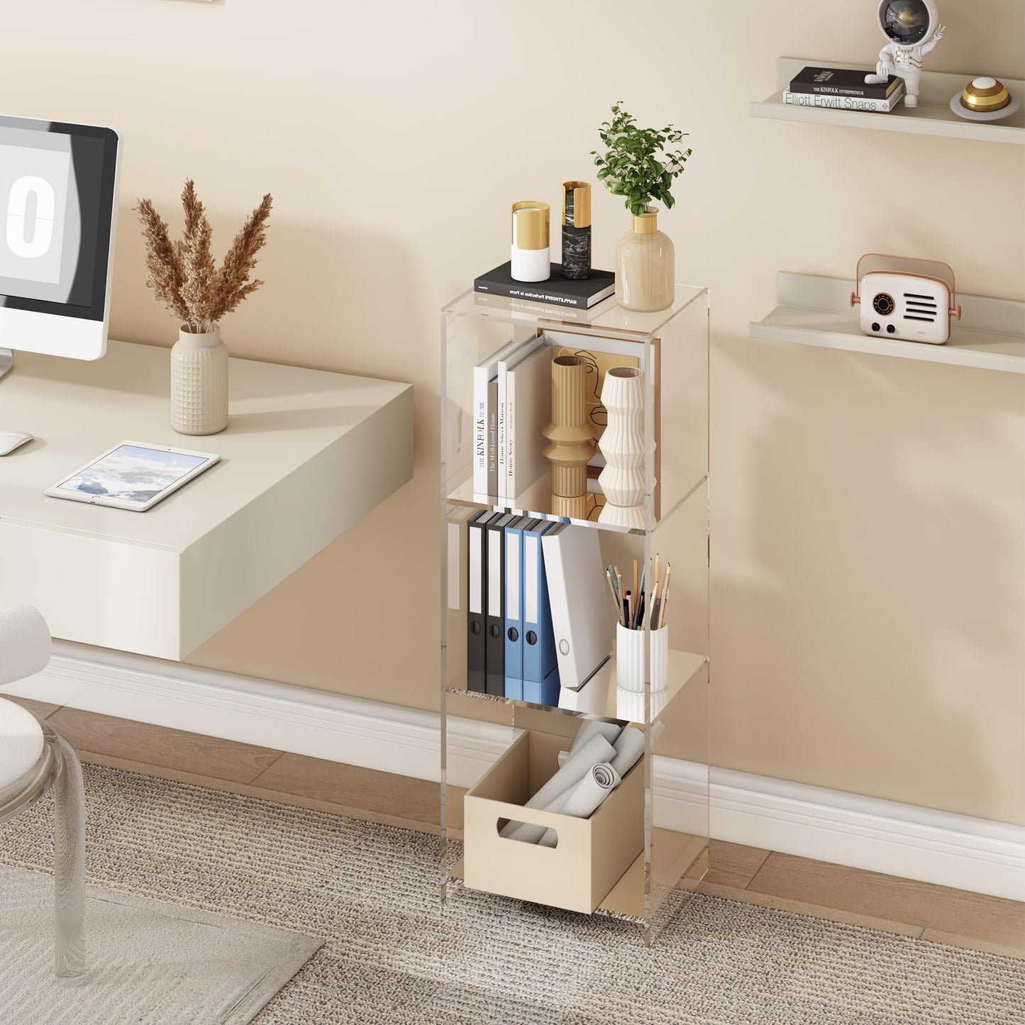 invisibiliter Acrylic Bookcase, 3 Tier Clear Floor Standing Bookshelf, 31.5 inch Tall Display Cube Storage Shelf Home Decor Furniture for Home, Office, Living Room, Bedroom