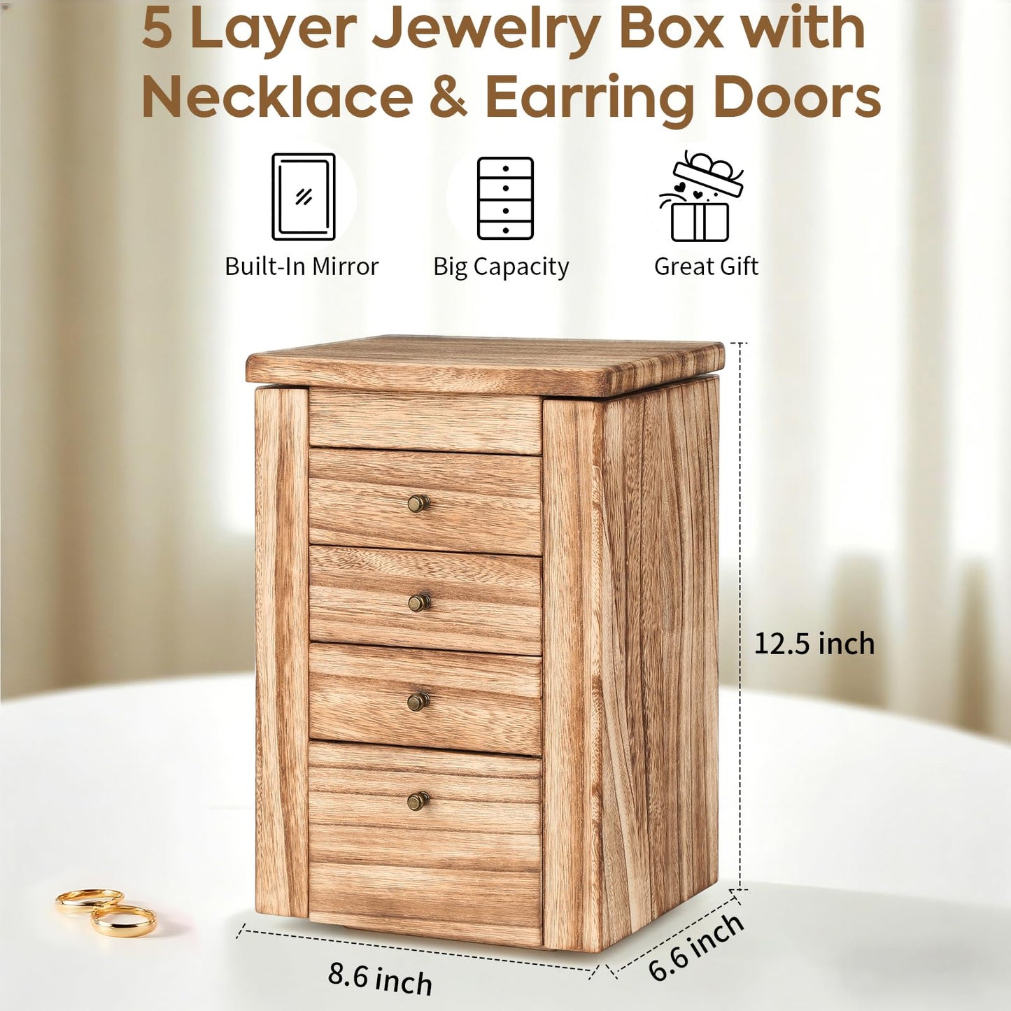 Meangood Jewelry Box Jewelry Organizer, 5-Layer Wooden Jewelry Organizers and Storage Boxes for Women Girls, Ring Earring Bracelet Necklace Holder Organizer with Mirror & Drawers (Carbonized Black)