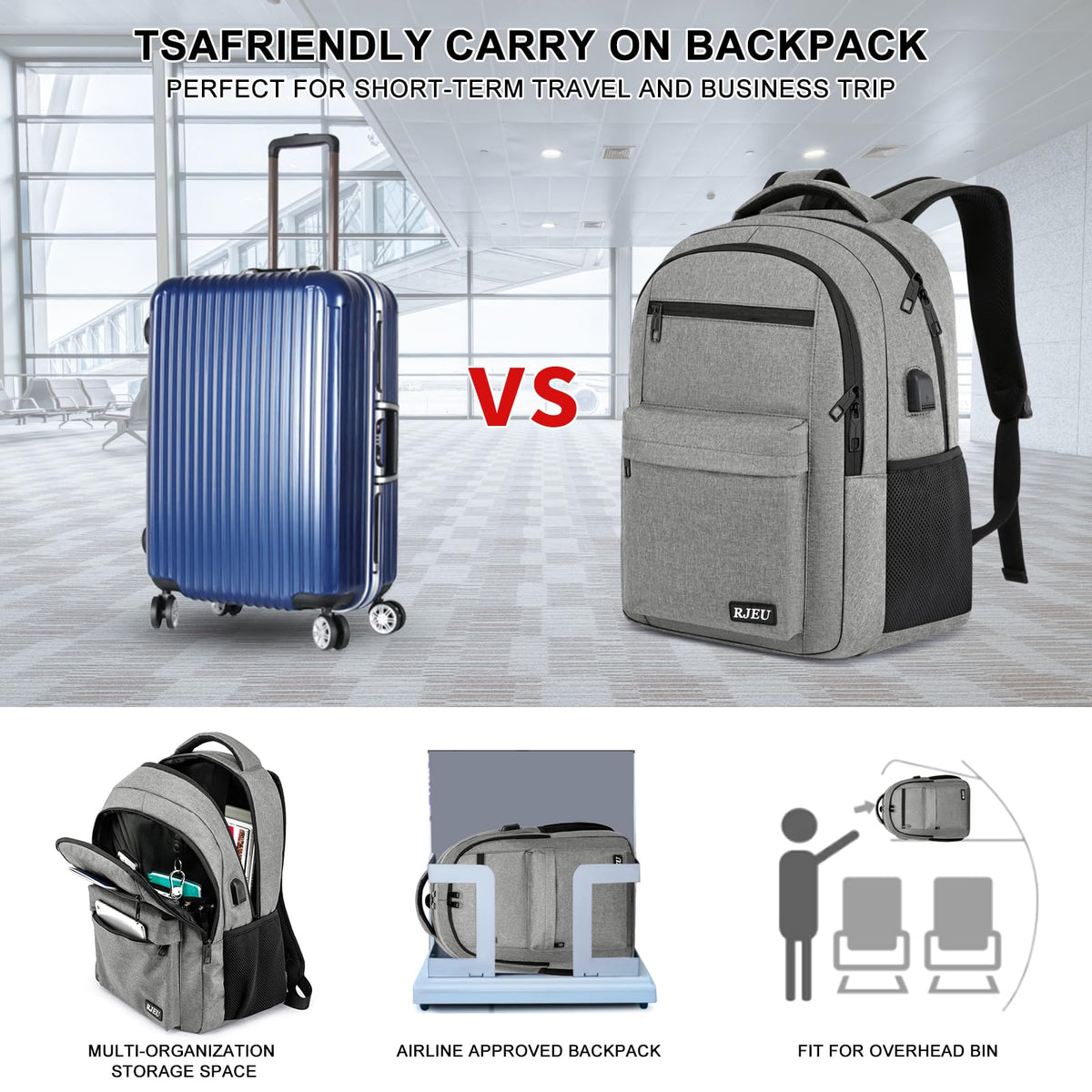 RJEU School Backpack for Teen Boys & Girls Students, 15.6 Inch Laptop Backpack with USB Charging Port - College Business Travel Bookbag, Grey