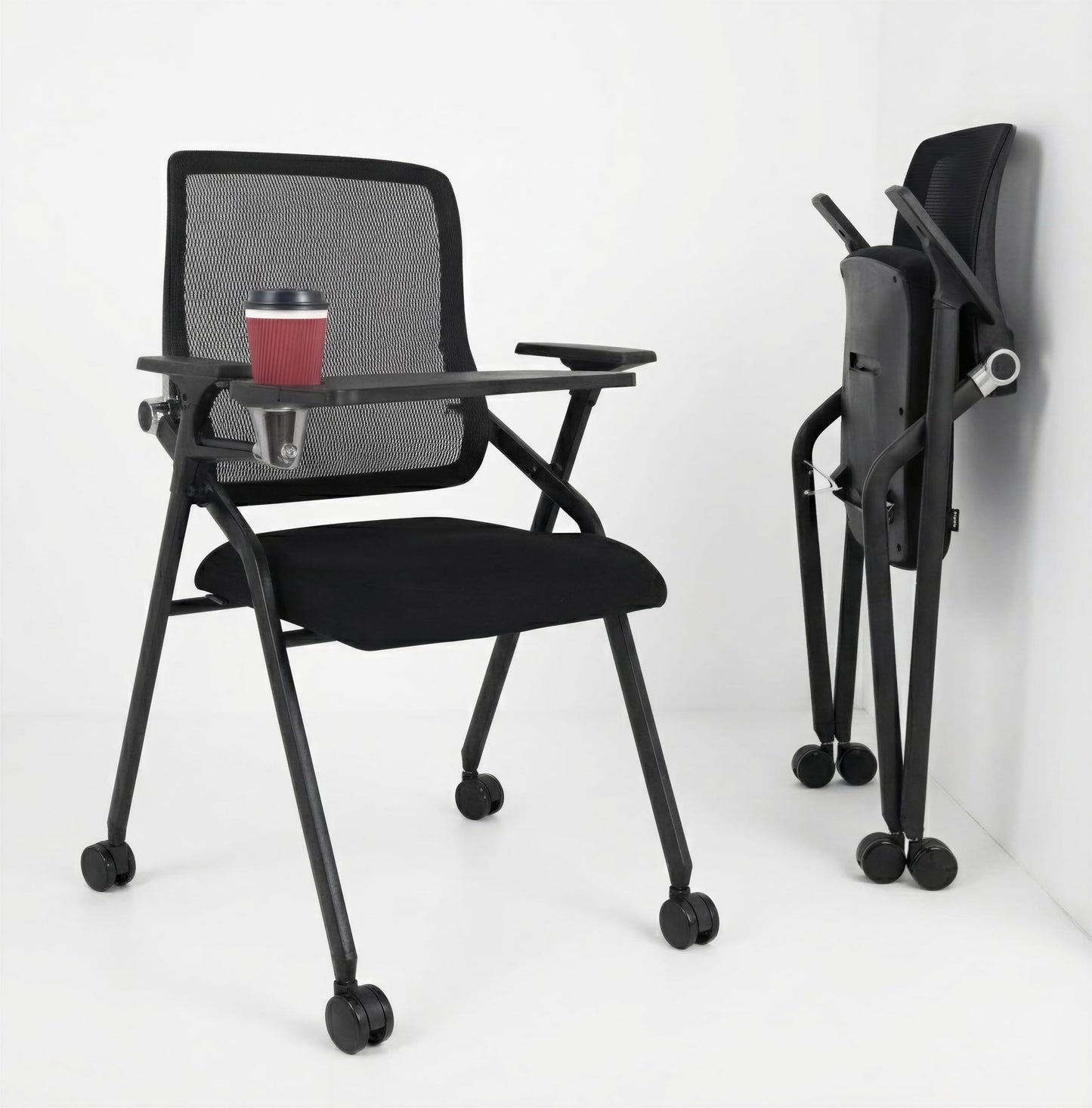 BLANEDUO Updated Conference Room Chairs with Tablet Arm, Folding Office Desk Chair with Lumbar Support and Sliding Armrest with Casters, Stackable Office Guest Chairs & Reception Chairs, 1 Pack Black