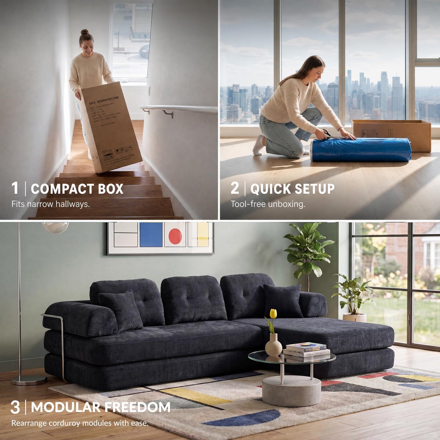 YasuSoofa Boneless Sectional Couch with Chaise, Convertible L-Shape Floor Sleeper with High Headrest, Modular Sofa Bed for Living Room Apartment, No Assembly, Gray