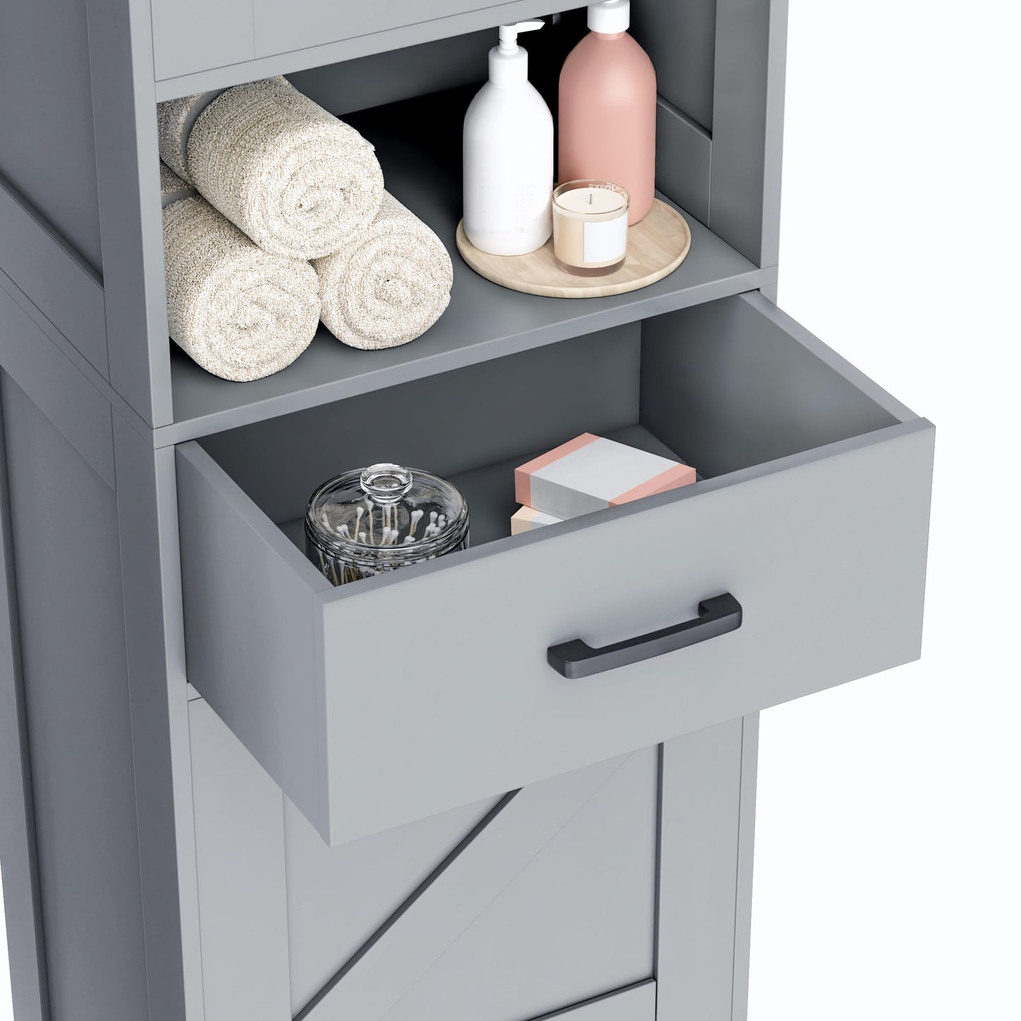 Homhedy 67" H Tall Bathroom Storage Cabinet with 2 Barn Doors and 1 Drawer, Narrow Storage Unit, Adjustable Shelves, Floor Cabinet for Bathroom, Living Room, Entryway, Kitchen, Gray, (15.7" W)