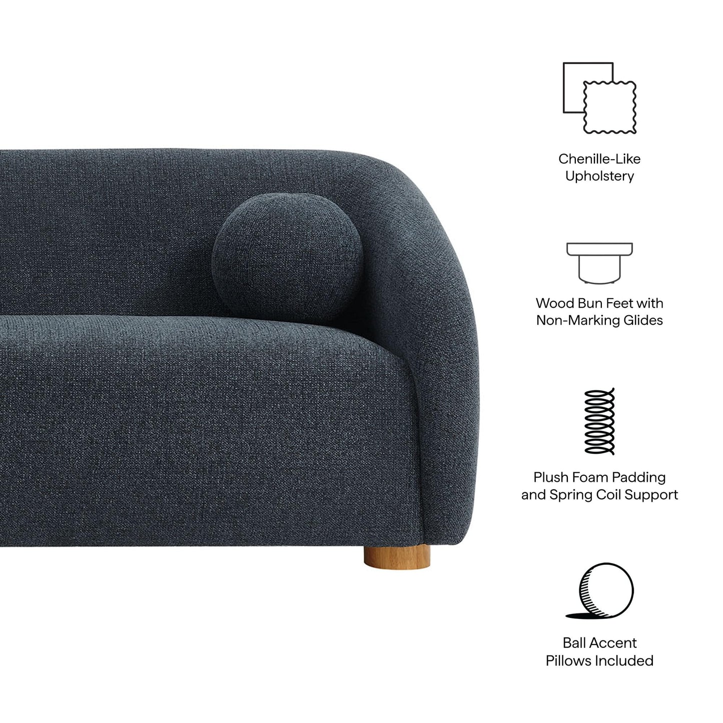 Modway Holland 85 Inch Minimalist Curved Back Sofa in Navy – Chenille Fabric Sofa with Ball Throw Pillows and Wood Feet – Modern 3-Seater Couch for Living Room