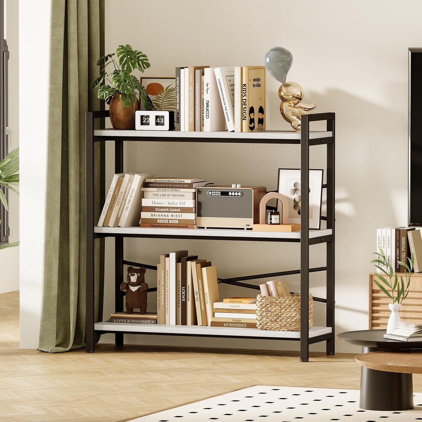 Book Shelf, 3 Tier Bookshelf 31.49" Width, Book Shelf Storage and Organization, Wooden and Metal Industrial Bookcase, Large Book Shelves for Home Living Room Bedroom Office Storage(White)