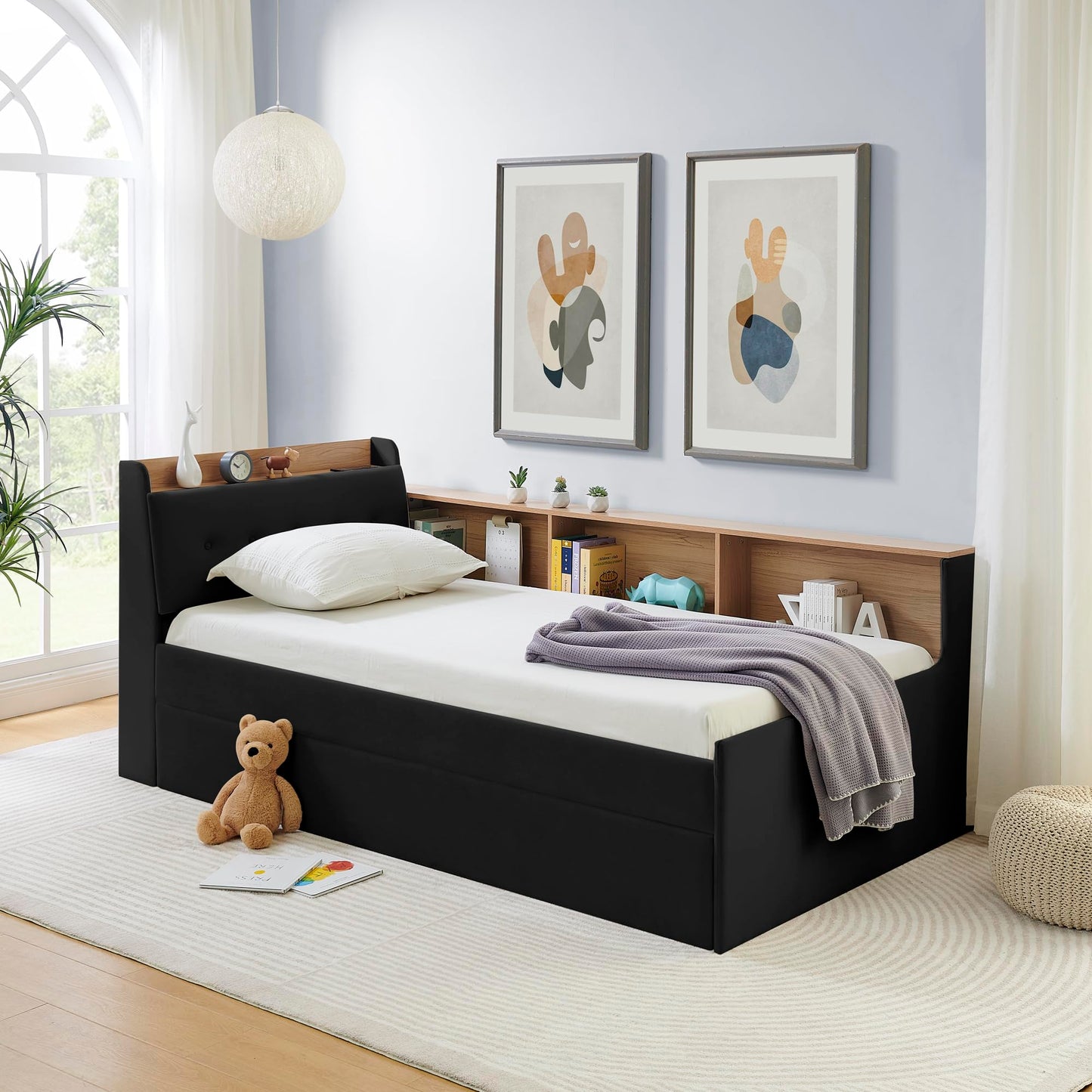Twin Size Upholstery Velvet Height Adjustable Day Bed with Storage Headboard and Wireless Charging, Multi-Functional Daybed with Trundle Bed & LED Lights, Black