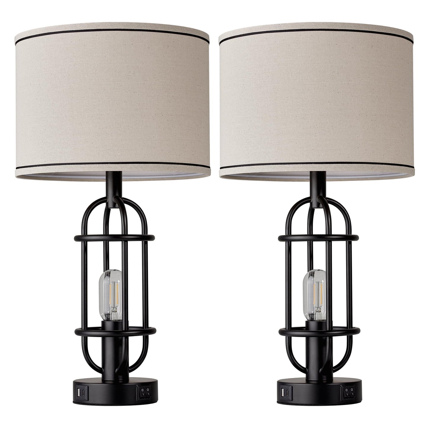 Reaketon Black Table Lamps for Living Room Set of 2, 22.3" Farmhouse Lamps for Nightstand, Industrial Table Lamps for Bedroom with USB Ports, Bulbs Included