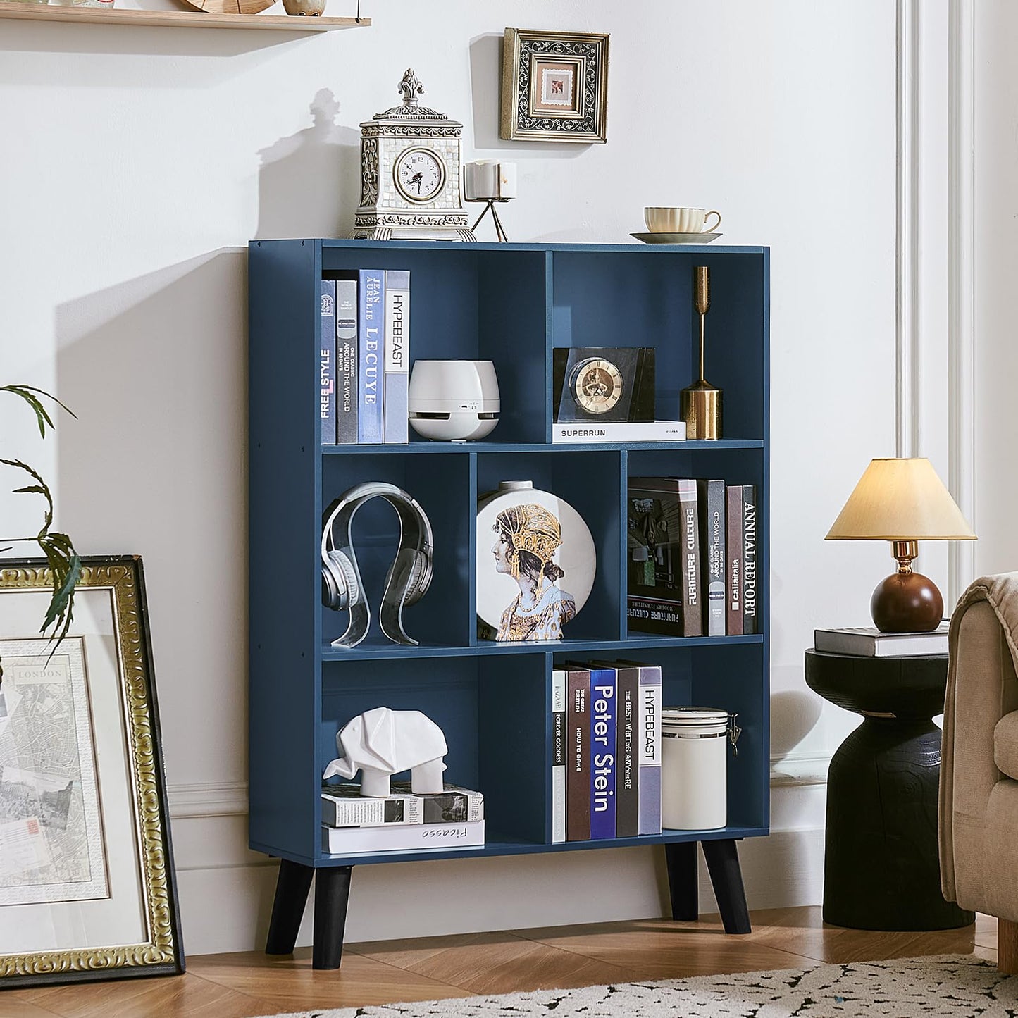 LEYAOYAO Cube Bookshelf 3 Tier Mid-Century Rustic Dark Blue Modern Bookcase with Legs,Retro Wood Bookshelves Storage Organizer Shelf,Freestanding Open Book Shelves for Bedroom,Living Room,Office
