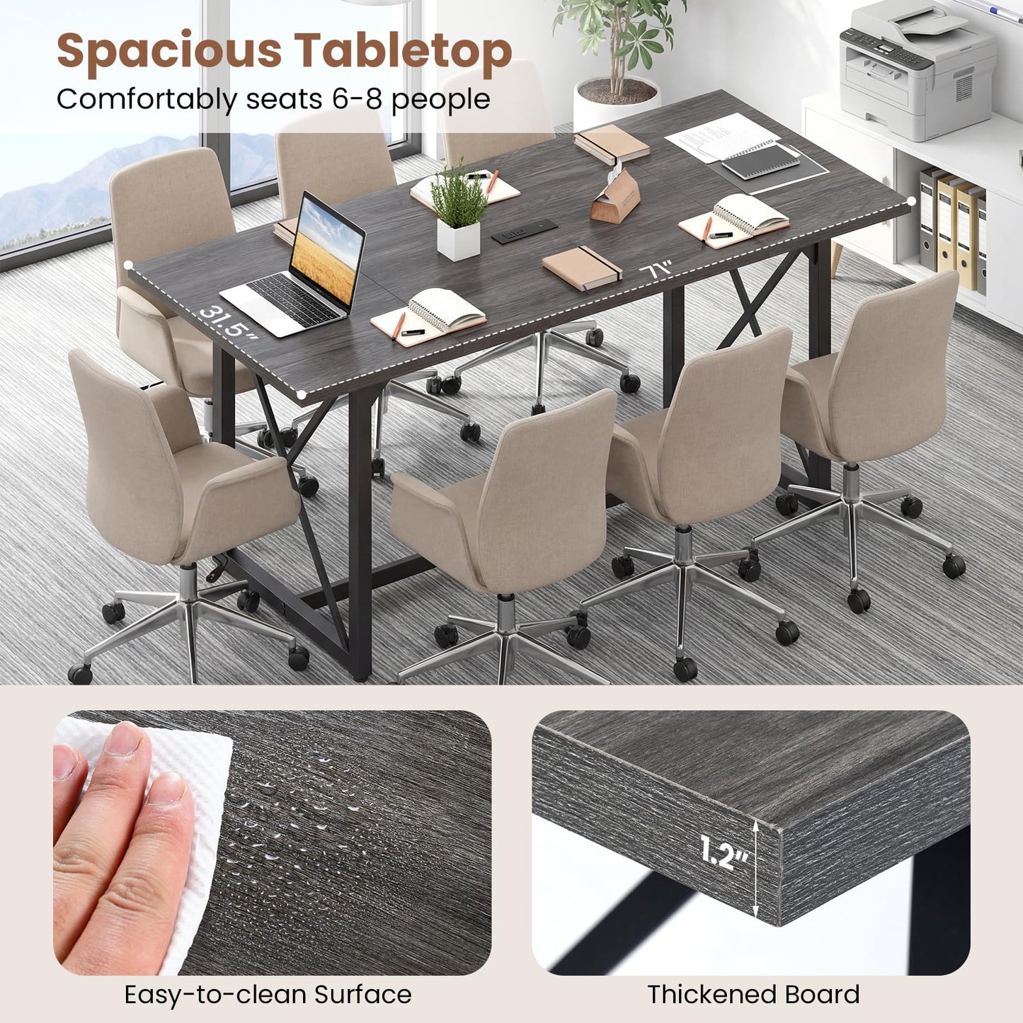 Giantex 6FT Conference Table with Power Outlets, Large Rectangle Meeting Table for 6-8 People, Modern Seminar Boardroom Table w/Stable Metal Frame, Computer Desk for Office Conference (Grey Oak,1)