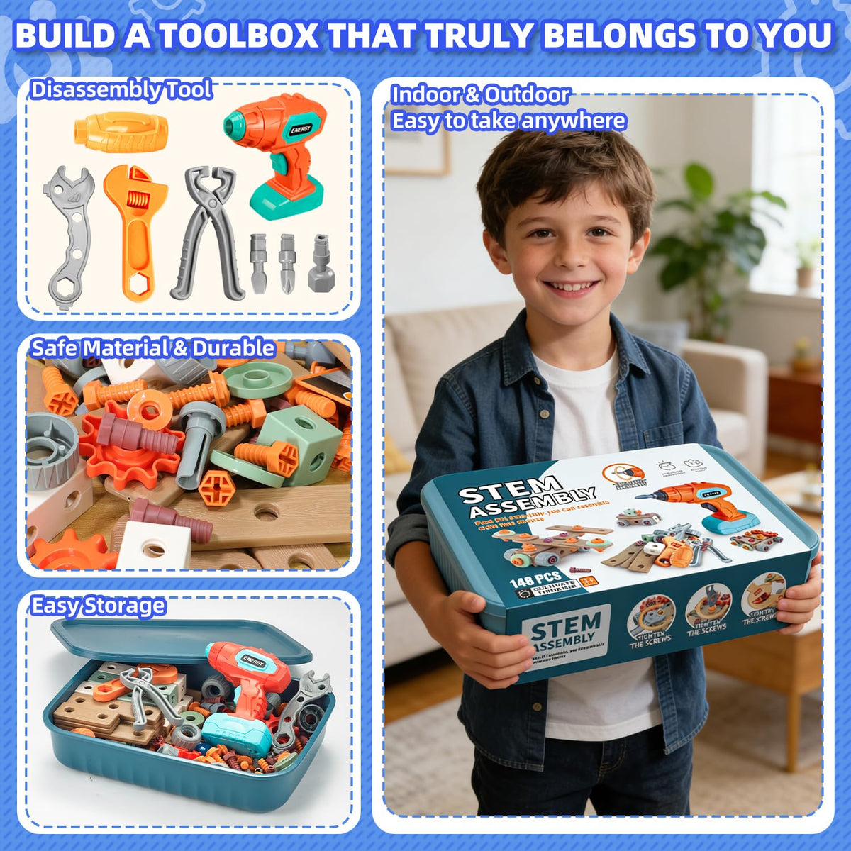Design and Drill Toy - Toddler Tool Set with Drill & Toolbox, Create And Design Drill Kit Stem Toys for Kids Ages 3-6, Toddler Building Educational Construction Toy for 3-6 Year Old Girl (WOOD COLOR)