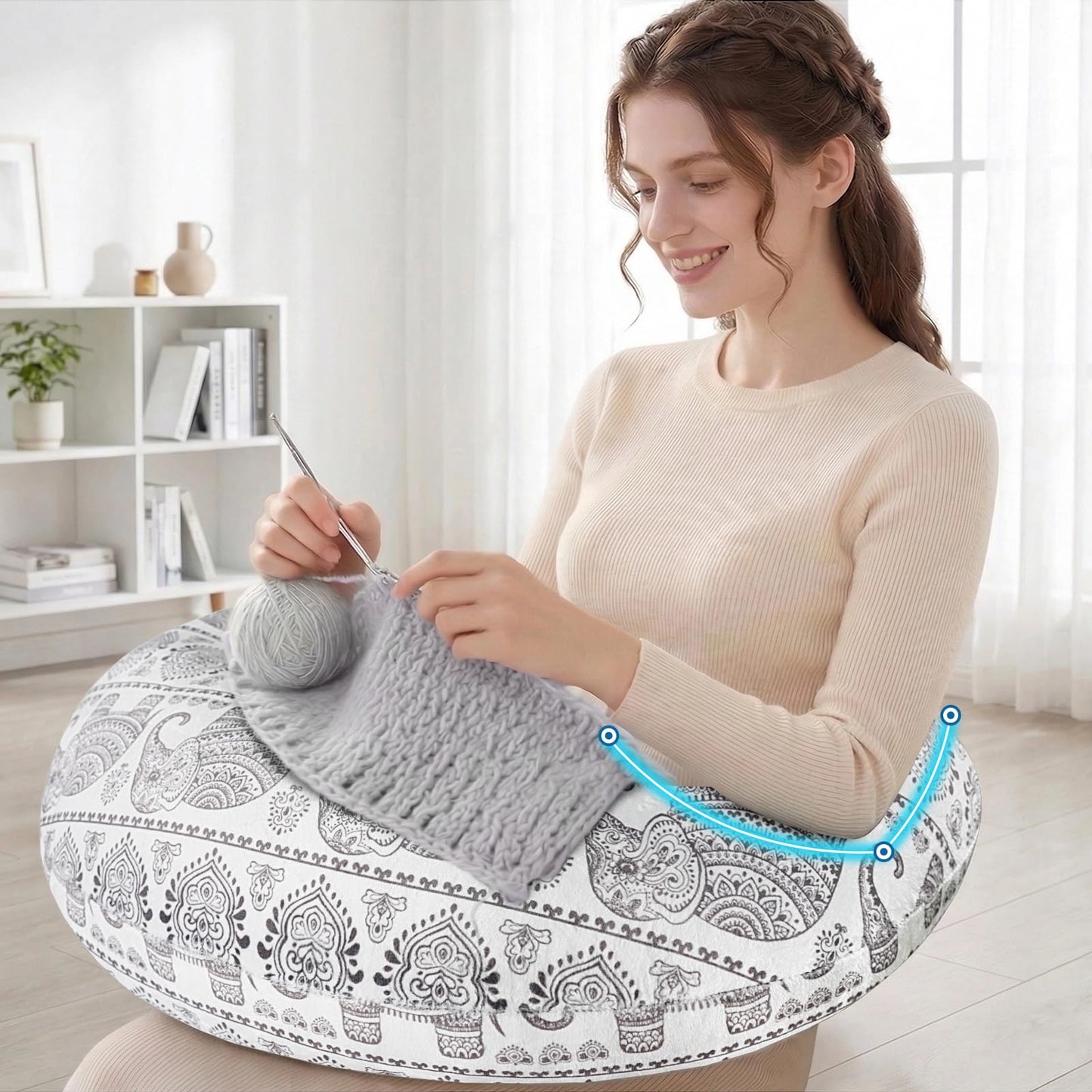Crafting Pillow for Crocheting, Crochet Pillow for Lap Support, 12 Fun Print Styles, Ergonomic Arm Support, For Bed, Floor, Chair Comfort, Pain Relief and Fatigue for Gaming and Woking (elephant)