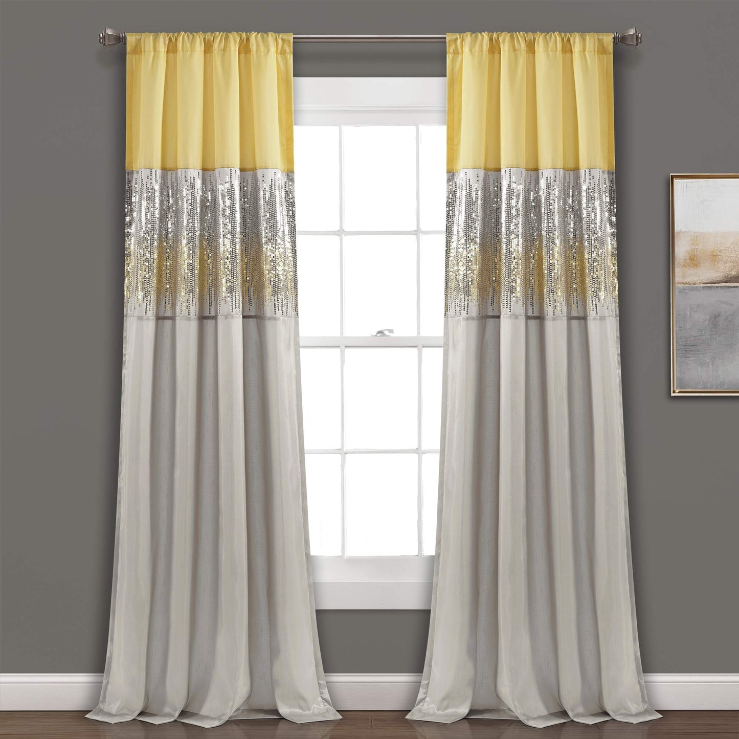 Lush Decor Night Sky Window Curtain Panel, Single 42"W x 84"L Yellow & Gray - Sequin Backdrop Curtain - Room Darkening Curtains For Bedroom - Glam Decor