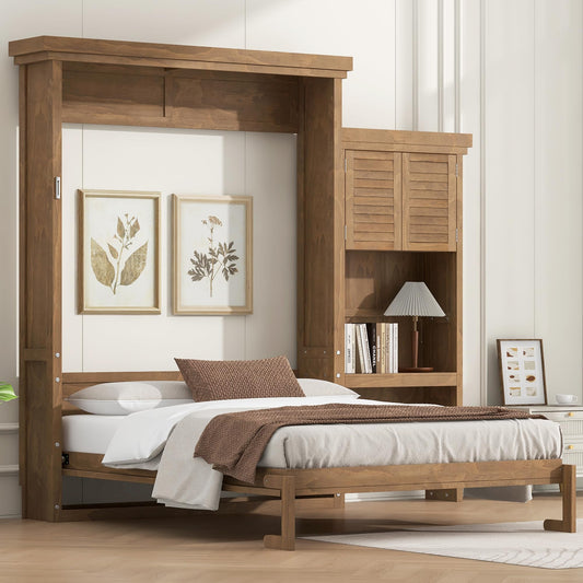 HECATEVIC Murphy Bed with Bookshelf, Wall Bed Cabinet with Storage Shelves, Space Saving Solid Wood Foldable Bed Frame, Queen Size, Burlywood