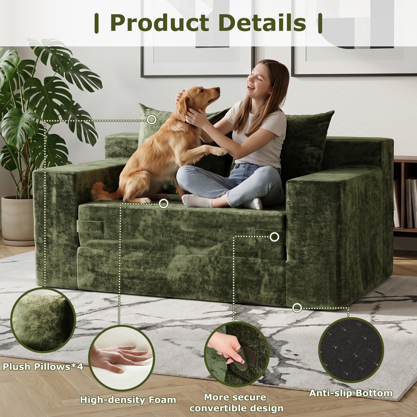 feliz home Boneless Loveseat Couches, Convertible Sofa Bed Folding Couch Bed, Boneless Chair Bed & Futon Sofa Bed, Small Pull Out Couch Foldable with 4 Pillows for Living Room, Green