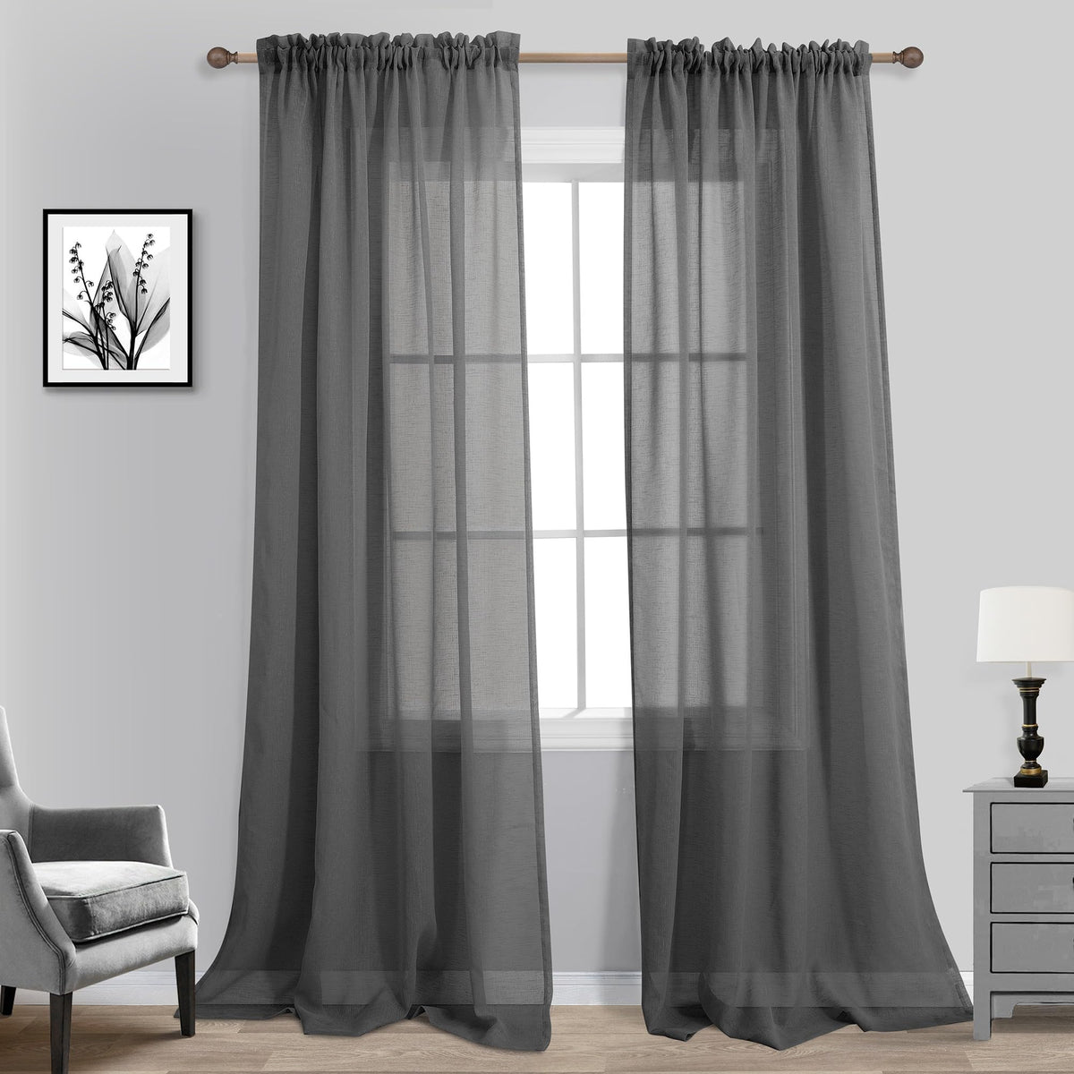 Dark Gray Curtains 108 Inches Long for Living Room Set of 2 Rod Pocket Elegant Faux Linen Textured Drapes Semi Sheer Light Filtering Curtains for Large Windows Patio 52x108 Inch Length Charcoal Grey
