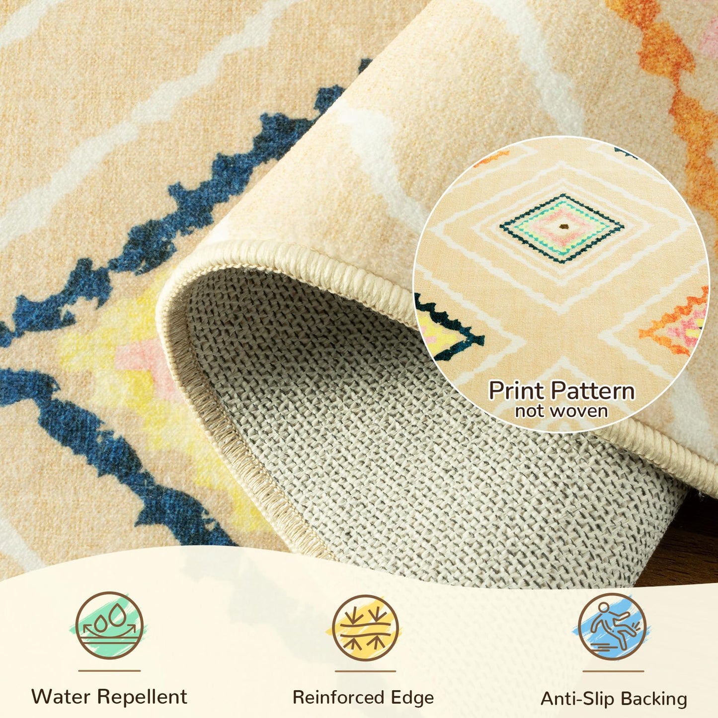 Area Rug 8x10 Rug Machine Washable Non-Slip Low Pile Print Pattern Western Rug for Living Room Bedroom Entryway Tribal Series -Cream/Beige