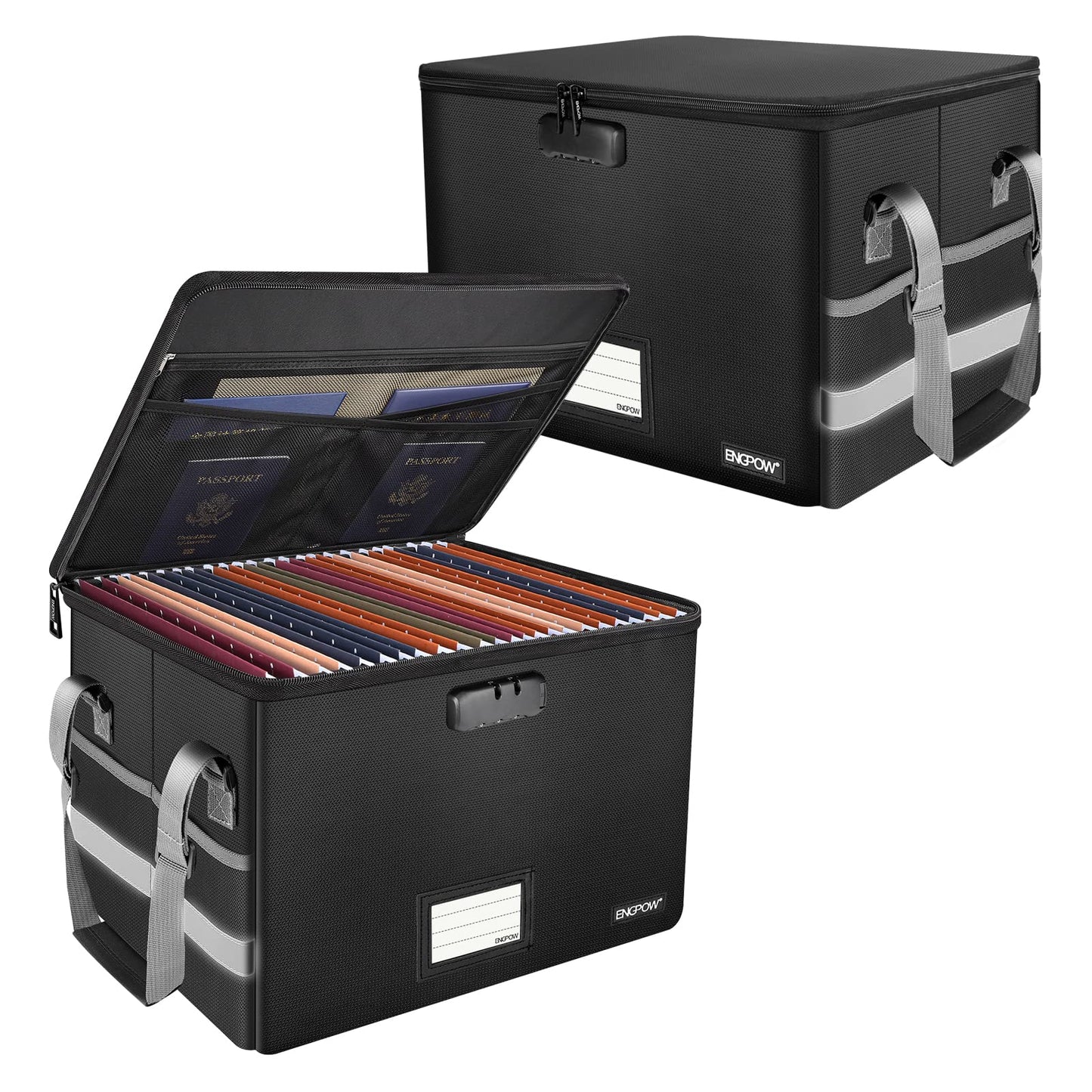 ENGPOW File Box with Lock, Fireproof Document Box with Pockets, Collapsible File Organizer Filing Storage Cabinet with Handle, Portable Home Office Safe for Hanging Letter/Legal Folders,Black,2 Pack