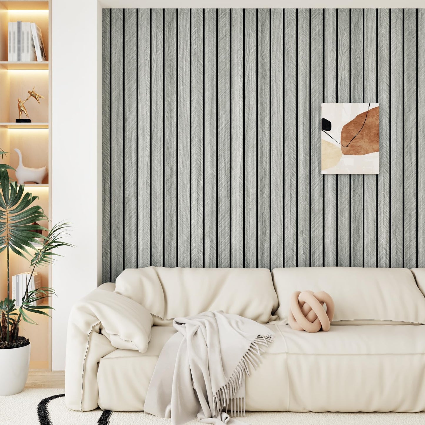 EPPKILY 3D Grey Wood Slat Wall Panel Wallpaper Peel and Stick Self Adhesive Waterproof Wood Acoustic Wall Panels for Bedroom Living Room Office Grey Textured Wooden Slats for Walls 11.8"×118"