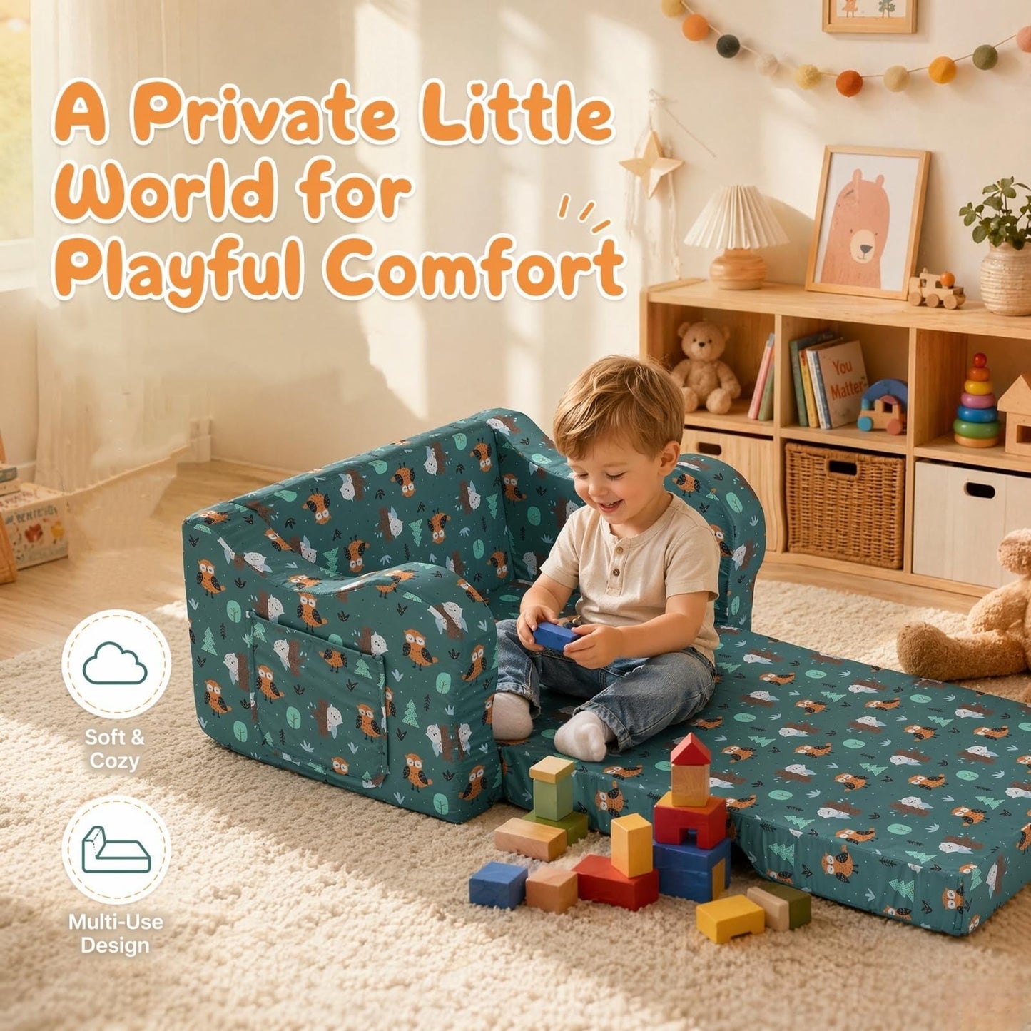 MOMCAYWEX Kids Sofa, 2-in-1 Flip-Out Foam Couch, Foldable Soft Play Lounge Chair, Teal