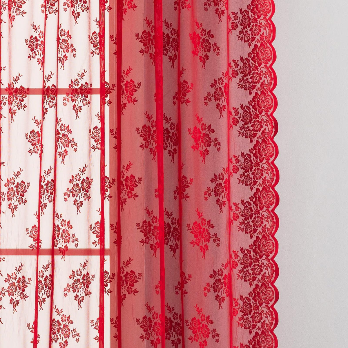 Kotile Red Sheer Lace Curtains 96 Inches Long, W52 x L96 Inch, 2 Panels Country Rustic Floral Red Lace Curtains for Living Room, Rod Pocket Privacy Light Filtering Christmas Sheer Window Curtain