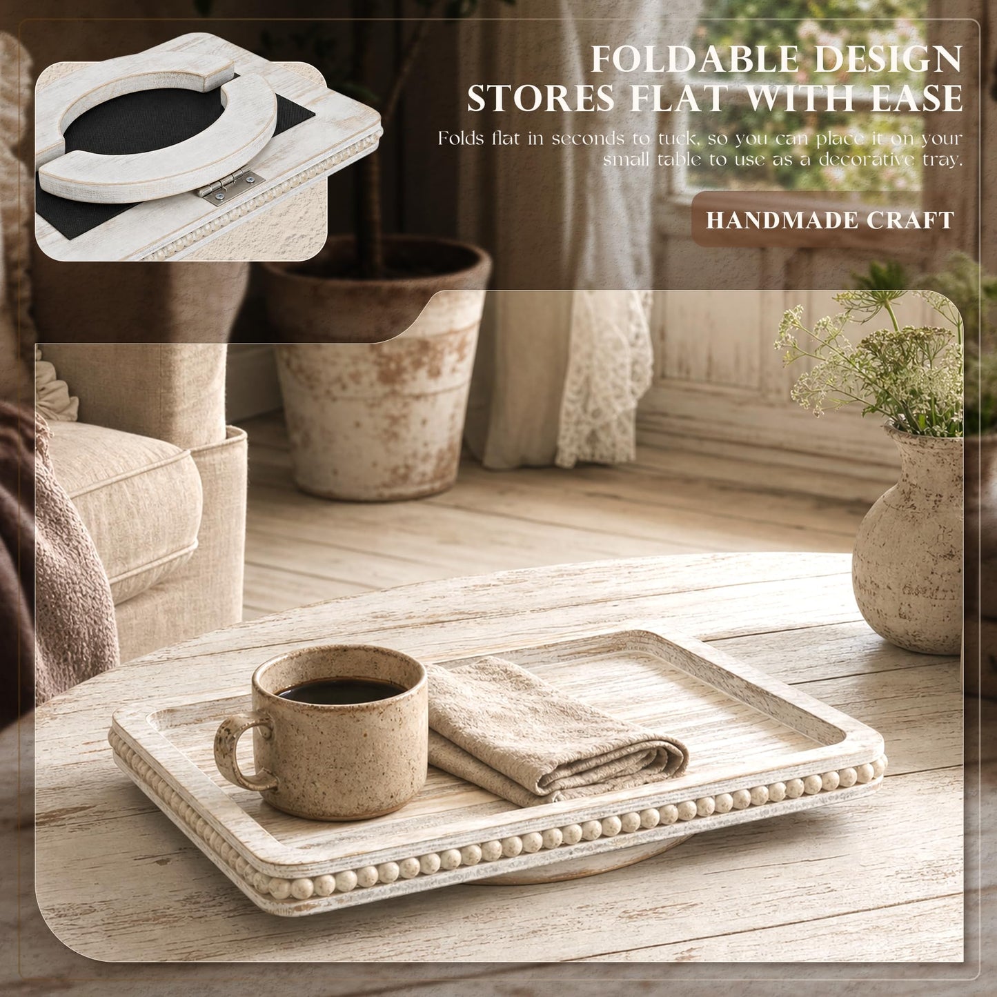 EOSAHR Pine Wood Couch Tray with Beaded Edge for Home Decor - Foldable Sofa Arm Tray as Couch Table - Decorative Trays Ideal for Coffee & Remote Control (Whitewash,13''×9''×1'')
