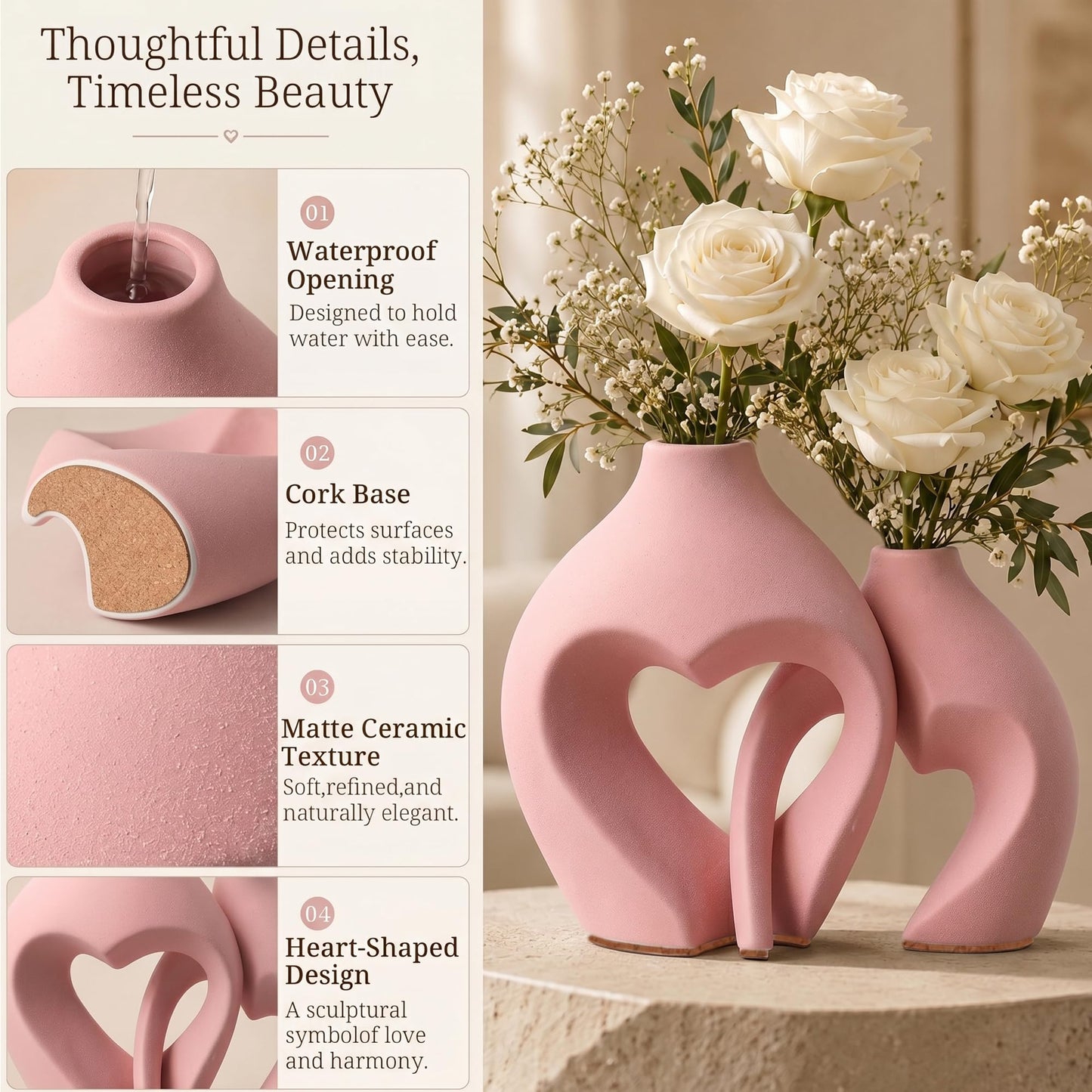 Ceramic Flower Vases Table Decor Heart Shaped Vase Set of 2 Pink