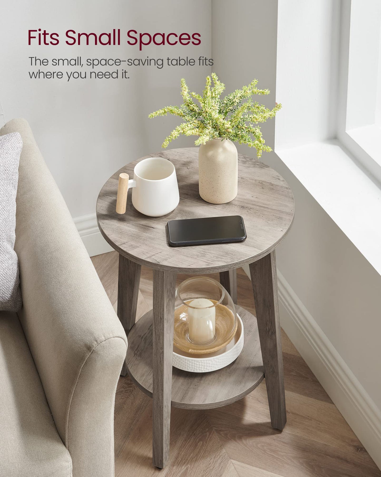 VASAGLE MAEZO Collection - Side Table, 2-Tier Small Round End Table, Nightstand with Tapered Legs, Curved Transitions, for Small Spaces, Living Room, Bedroom, Heather Greige ULET283T02