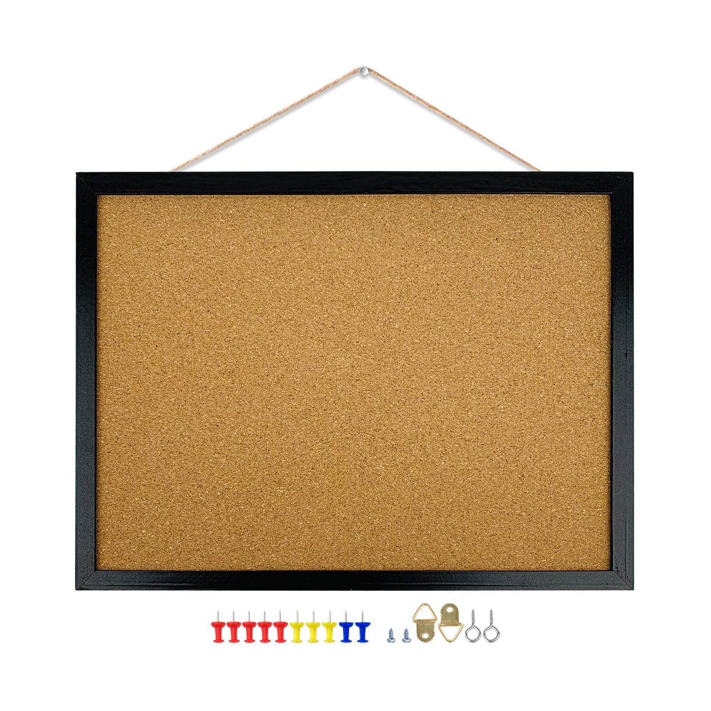 GDMINLO Black Cork Bulletin Board, 17.7 X 13.3 inches with Oak Wood Finish Frame, for Wall Office Home and School (Pins, Eye Bolts, gaskets, Screws)
