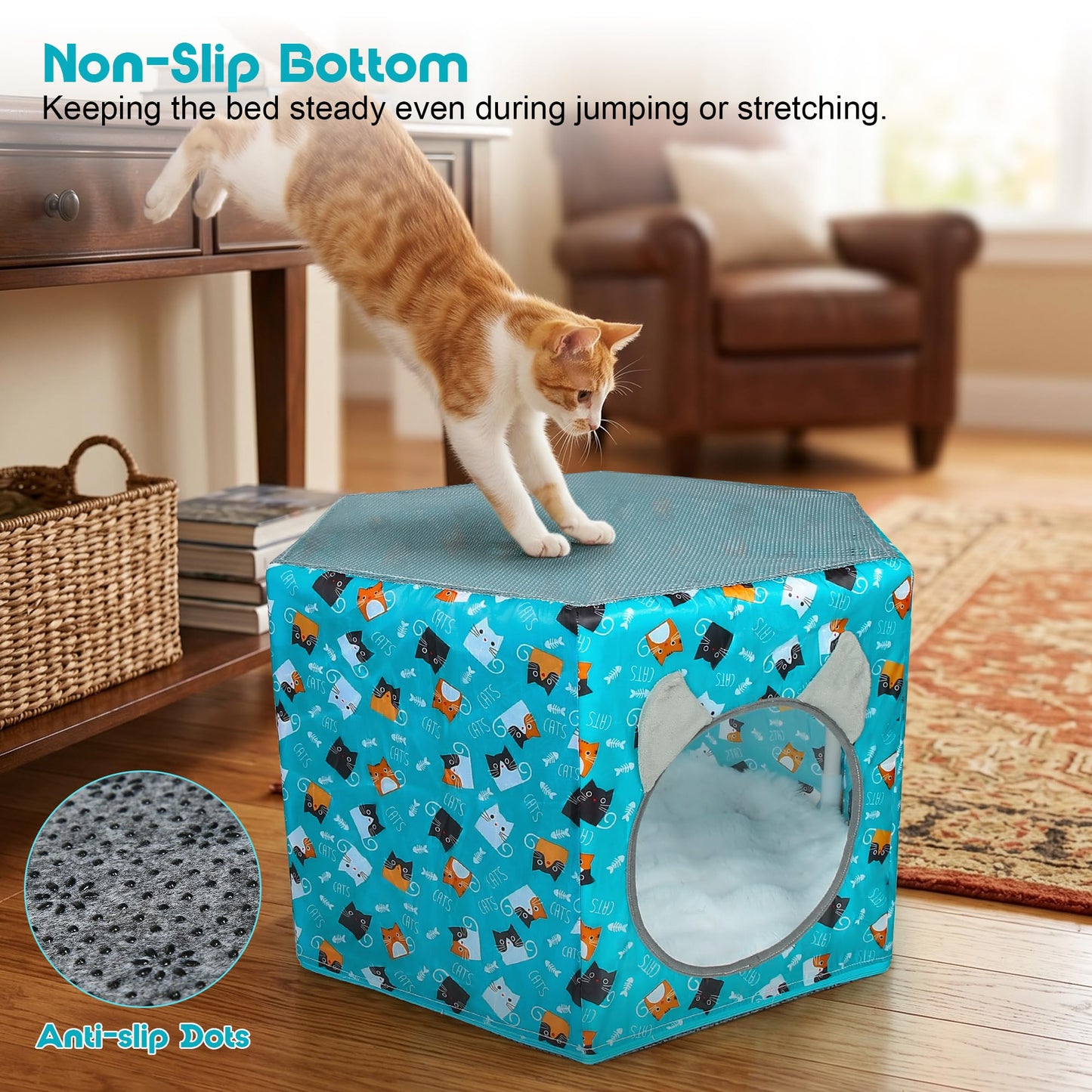 Cat Beds for Indoor Cats, Elevated Cat Hammock Bed, Hexagon Cat House with Breathable Mesh & Non-slip Bottom, Large Cat Cave Hanging Cat Bed for Indoor and Outdoor Use, 24'' x 21'' x 14.5''