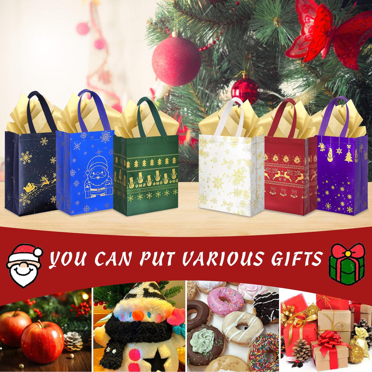 16Pack Christmas Gift Bags Medium Size with Tissue Paper - Reusable Non-Woven Tote Bags with Handles - Perfect for Gift Wrap/Party Favor Supplies - 10.2" x 8.3" x 4"