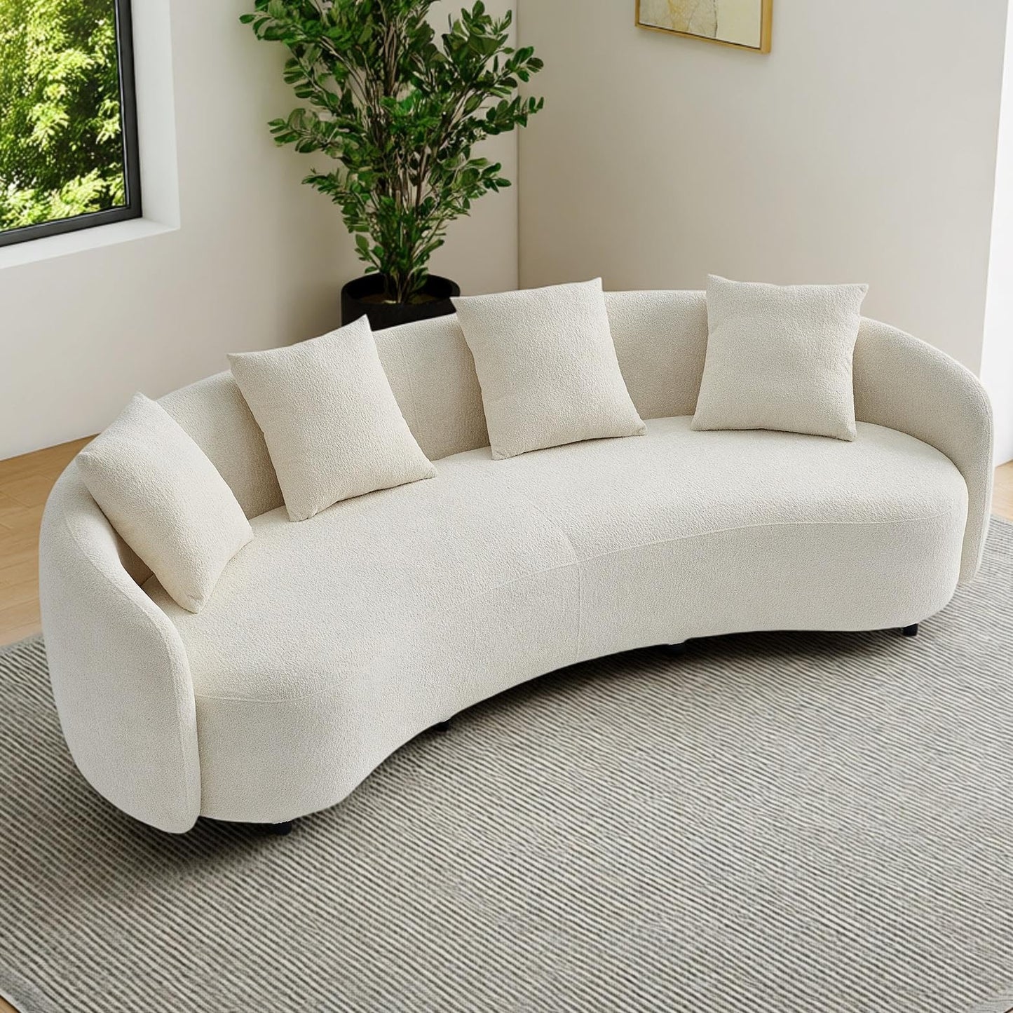 BBTJ0INT Half Moon Sofa, Curved Design Off-White Boucle Upholstered Couch for Modern Living Room, Comfy Chaise Sofa with 2 Throw Pillows