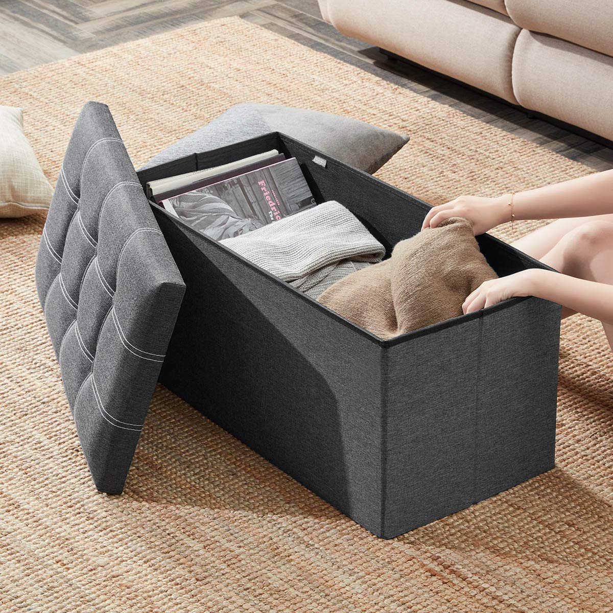 YOUDENOVA 30 Inch Storage Ottoman, Folding Ottoman with Storage, Linen Storage Bench Supports Up to 350 lbs, Footrest Seat for Living Room, Bedroom, Gray