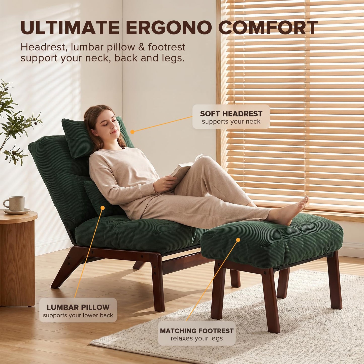 GEMBED Accent Chair with Ottoman Adjustable Backrest, Comfy Lounge Chair Single Sofa with Headrest Lumbar Pillow, Reading Chair with Footrest for Bedroom, Living Room, Green
