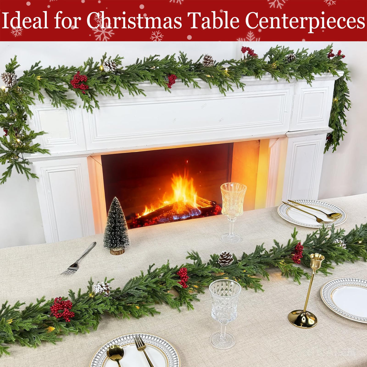 6FT Pre-lit Christmas Cedar Garland with 20 Warm White LEDs Timer Red Berries Pinecones and Soft Vine, Lighted Christmas Garland for Mantle, Table, Fireplace, Wall, Stairs, Indoor, Outdoor Xmas Decor