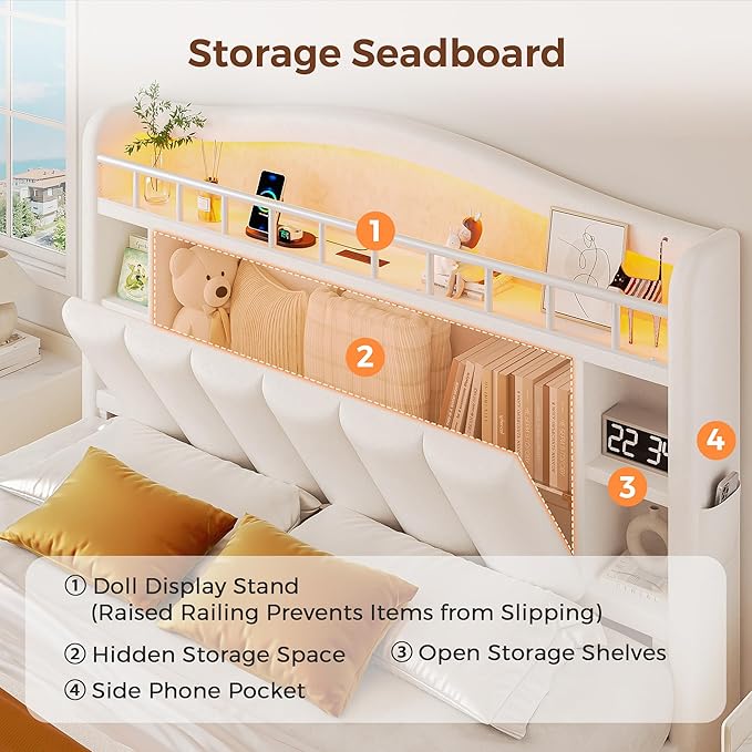 Queen Size Bed Frame with LED Storage Headboard & 2 Storage Drawers, Velvet
