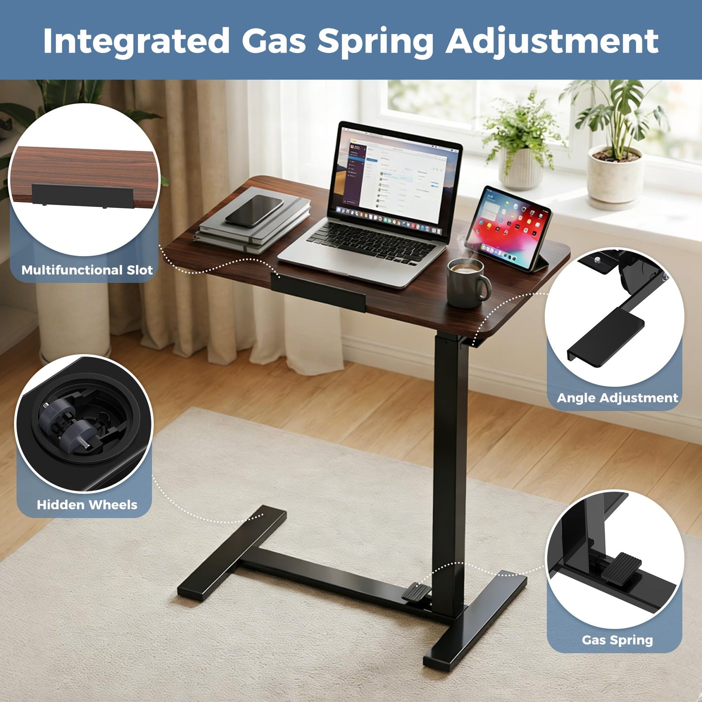 DUMOS Mobile Standing Desk, Height-Adjustable Computer Cart with Pneumatic Lift, Portable Computer Workstation Cart for Bed, Couch, Office, Sofa, Brown