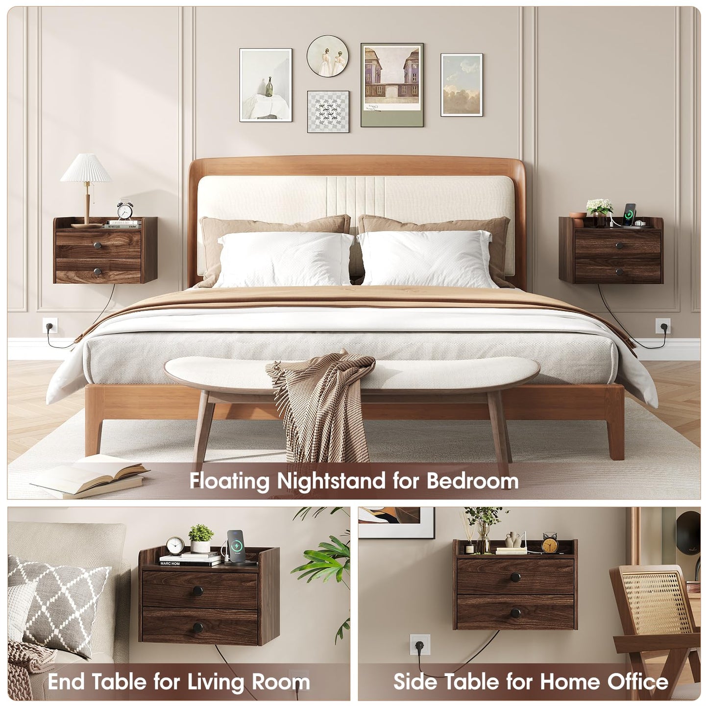 Floating Nightstand Set of 2 with 2 Storage Drawers and Charging Station Wood Wall Mounted Bedside End Table Modern Night Stands Set 2 for Bedroom,Small Space,Brown Walnut