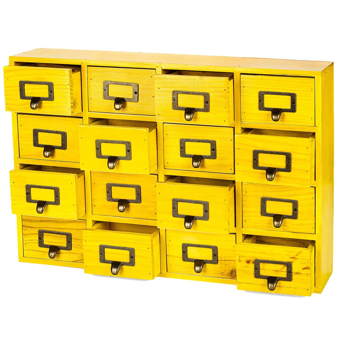 Yellow 16-Slot Wooden Drawer Unit - Country Style Desk Organizer - 20"x3.6”x14” Wooden Storage Box w/ 16 Drawers - Countertop Drawers w/Label Holder & Handle - Slim 4-Level Desk Organizer