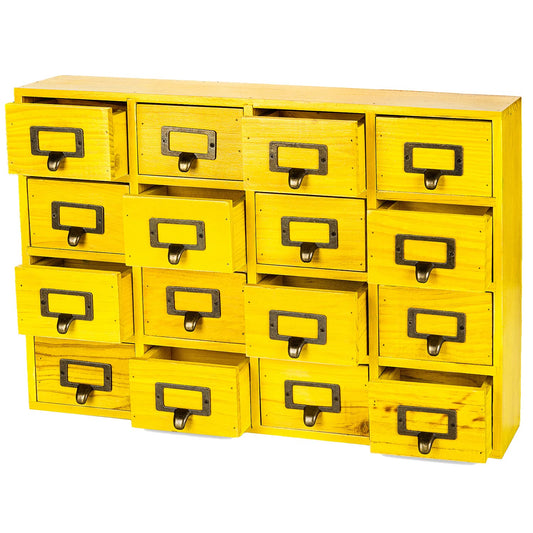 Yellow 16-Slot Wooden Drawer Unit - Country Style Desk Organizer - 20"x3.6”x14” Wooden Storage Box w/ 16 Drawers - Countertop Drawers w/Label Holder & Handle - Slim 4-Level Desk Organizer