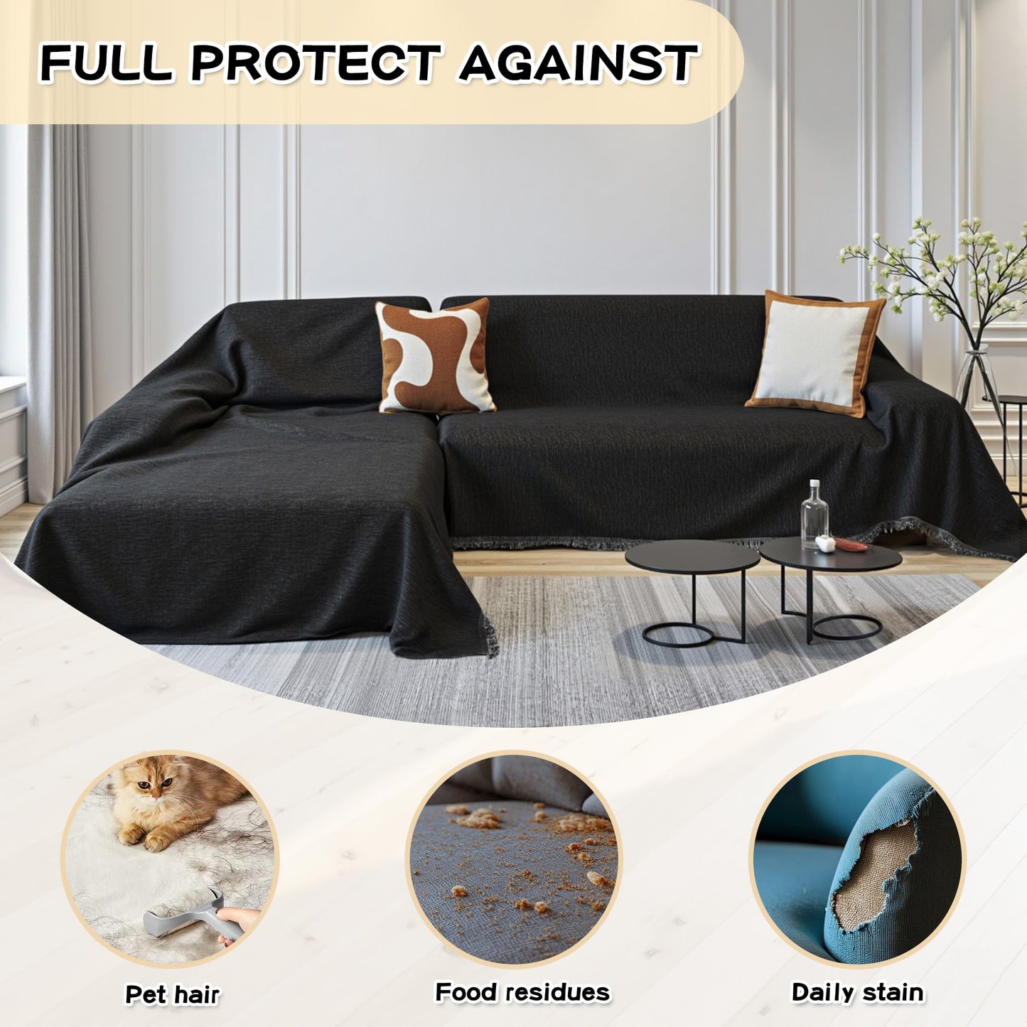 MYSKY HOME Couch Cover for Sectional Sofa, 2 Pieces Chenille Couch Covers for L Shape Sofa Cover, Furniture Protector for Pets, Kids, Sofa Slipcover for 3-4 Cushion Couch (71"x118"+91"x134", Black)