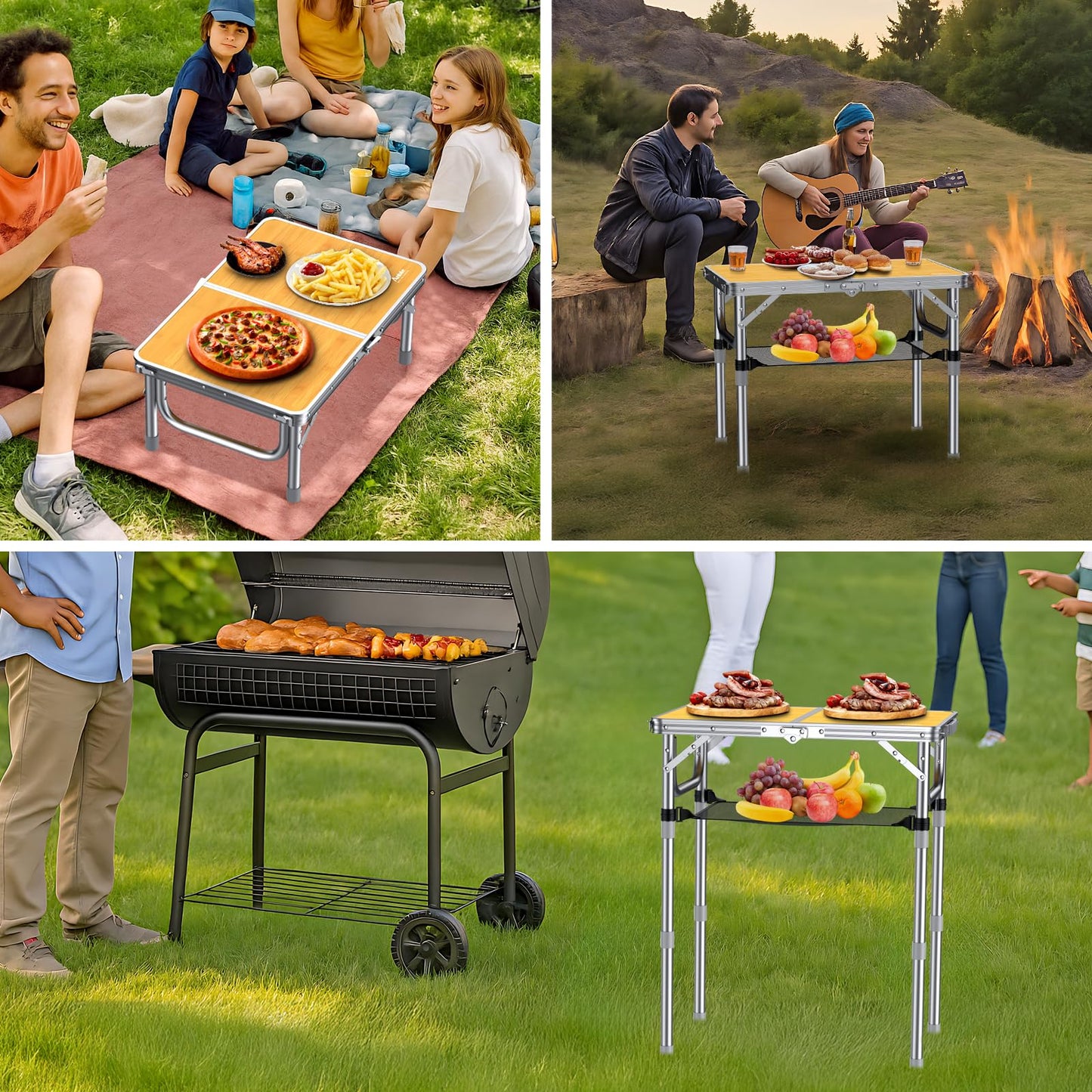 Anbte 2ft Camping Table Foldable, 3 Adjustable Heights High 27.5" Aluminum Small Folding Table with Carrying Handle, Portable, for Outdoor Indoor Picnic Beach BBQ Travel, 24" x 16", Light Oak Grain