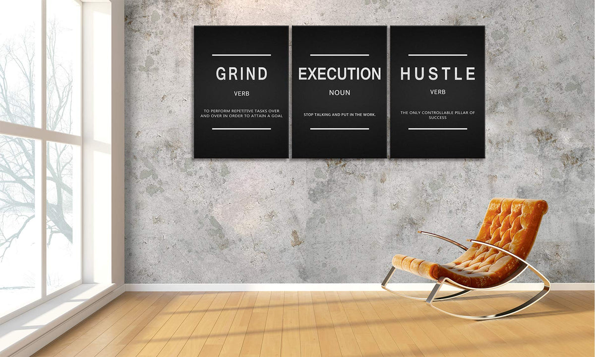 Large Success Quote Inspirational Wall Art Motivational Grind Hustle Execution Painting Entrepreneur Office Posters Prints Canvas Artwork 3 Panels Wall Decor for Office Framed Ready to Hang- 24"x36"x3