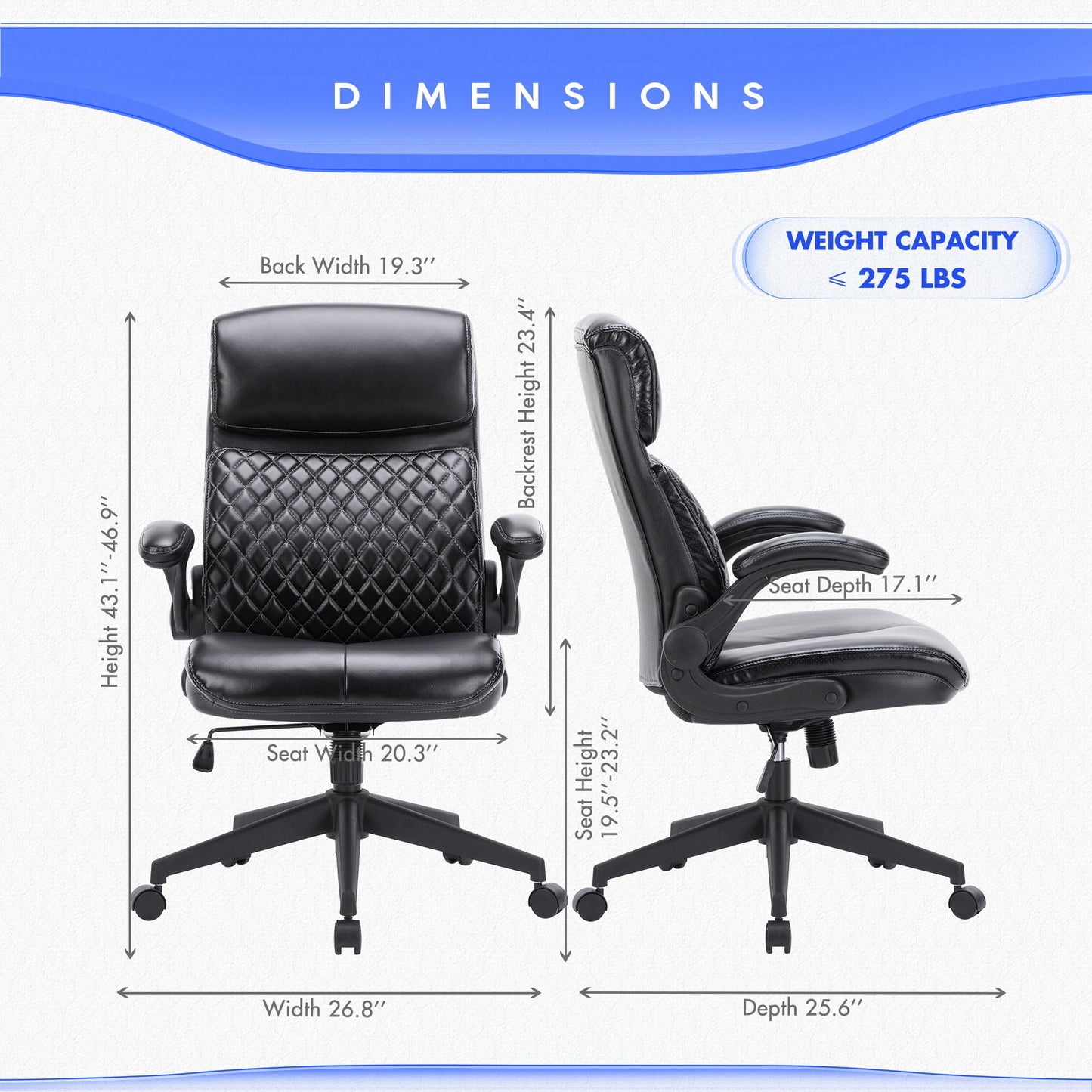 High Back Executive Office Chair-Ergonomic Computer Chair with Flip-up Arms, Executive Leather Office Chair, Adjustable Tilt Tension, Swivel Rolling Home Office Desk Chair-Black,300lbs