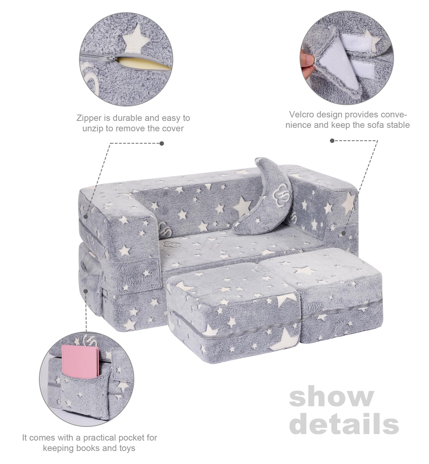 Elftopia Modular Kids Sofa, Glow in The Dark Star Plush Couch, Convertible Kids Play Set, Fold Out Sofa Bed(Stars)