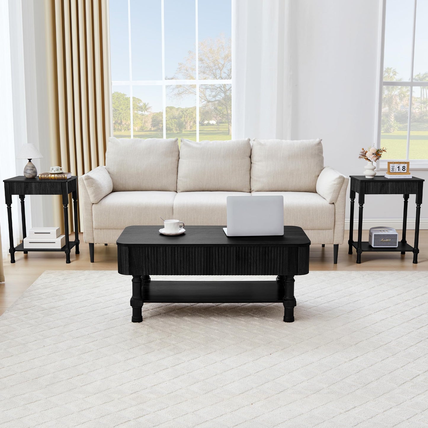 39”Large Lift Top Coffee Table with Hidden Storage Compartment,Fluted Coffee Tables Fully Assembled Wooden Center Table,Mid Century Modern Lift Tabletop Dining Table for Living Room Home Office,Black