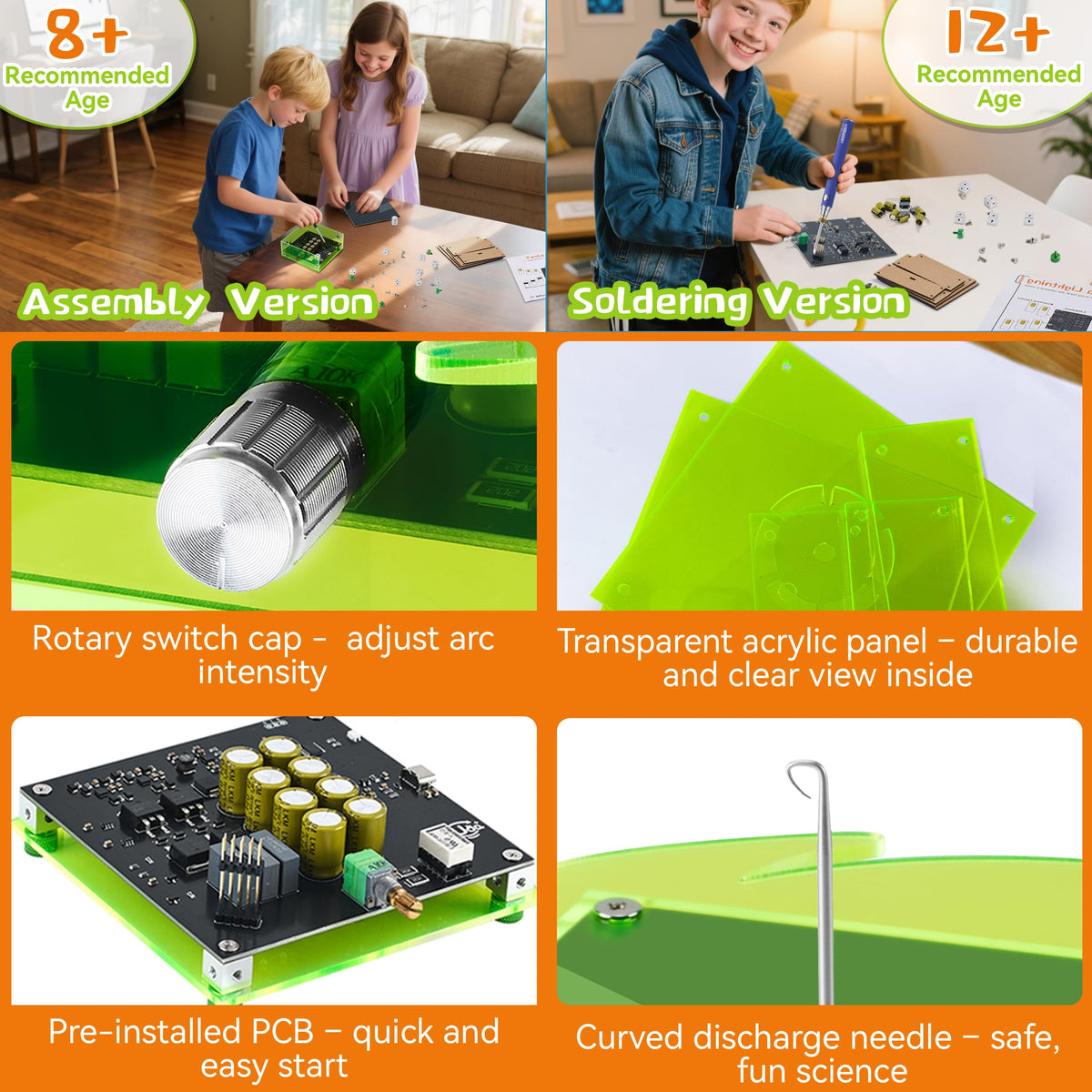 eUda+ STEM Tesla Lightning Kit for Kids&Adults Toys for 12 Year Old Boys Build Your Tesla Coil Kit Stem Kits for Kids Age 14-16 Girls Soldering Practice Kit for Beginners 12+ (Soldering Version, BTG)