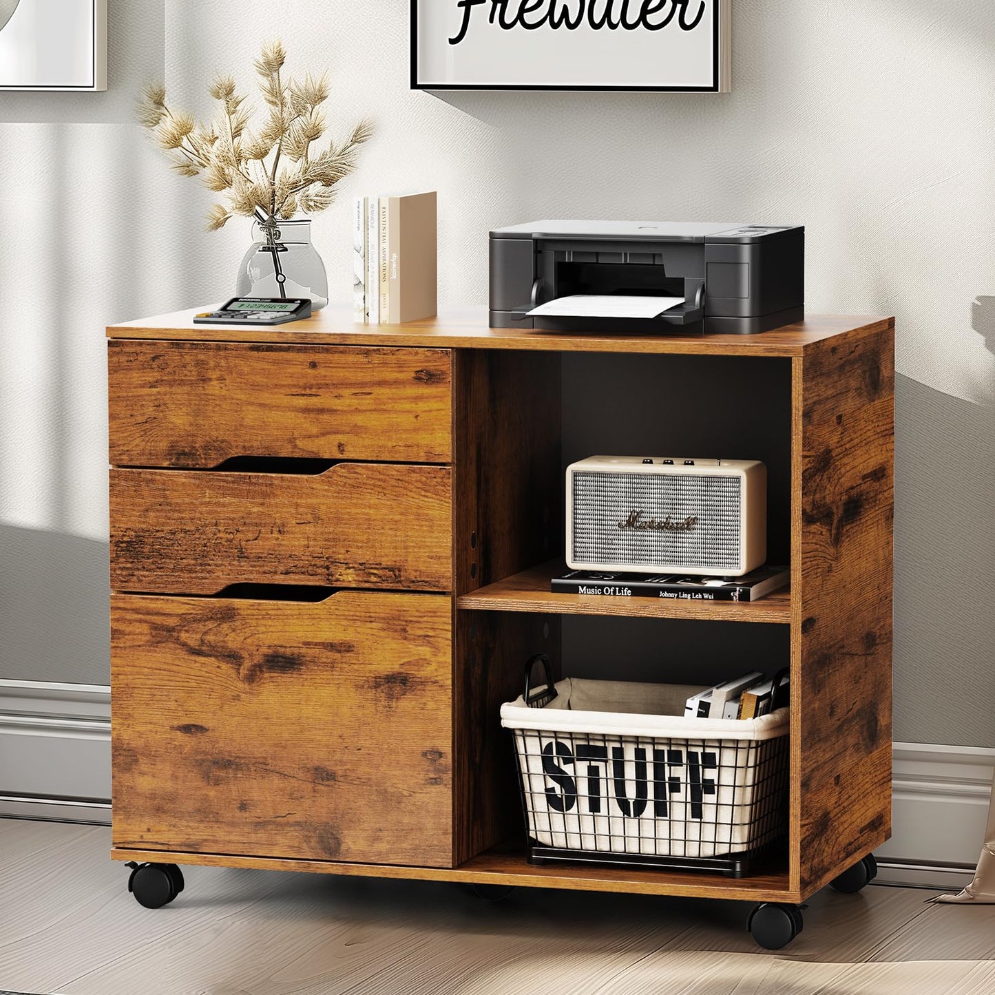 DUMOS Lateral File Cabinet with 3 Drawers Rolling Filing Cabinets Under Desk Storage Printer Stand Wood Organizer with Wheels Adjustable Shelf for Office Home Small Space, Brown