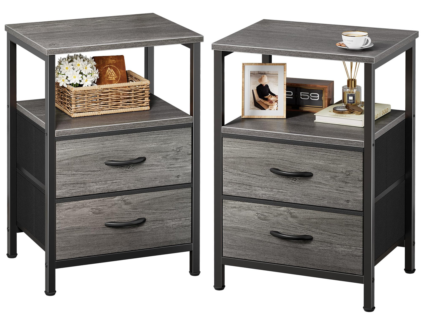 Huuger Night Stand Set of 2, Nightstand with 2 Drawers, Bed Side Table with Open Shelf, Wooden Top, End Table, Fabric Drawer, for Bedroom, Gery