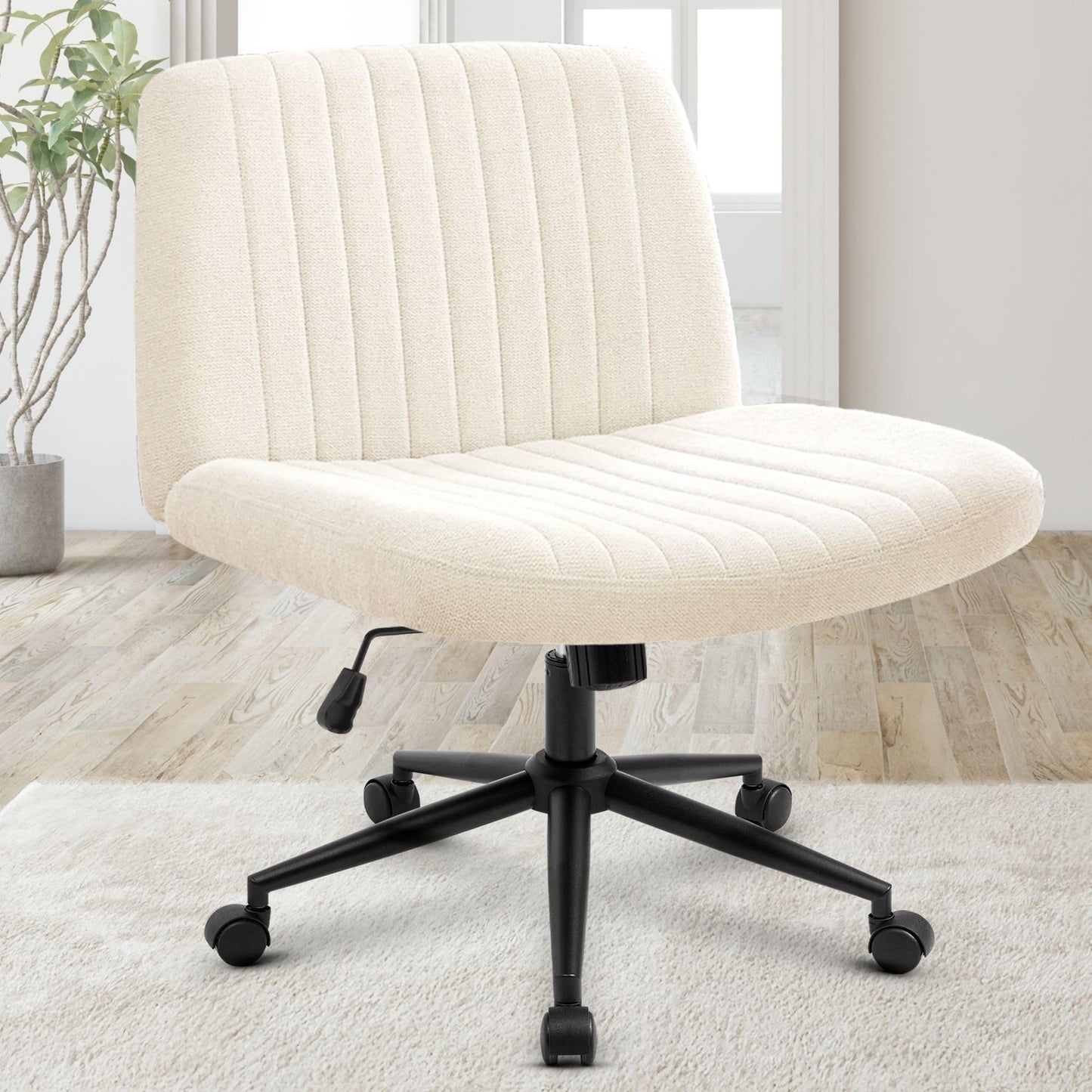 Orange Factory Criss Cross Chair Wheels Wide Cross Legged Office Desk Vanity Dual Base Comfy Fabric Armless Adjustable Swivel for Home Computer Task (Beige Dual Base, Fabric)
