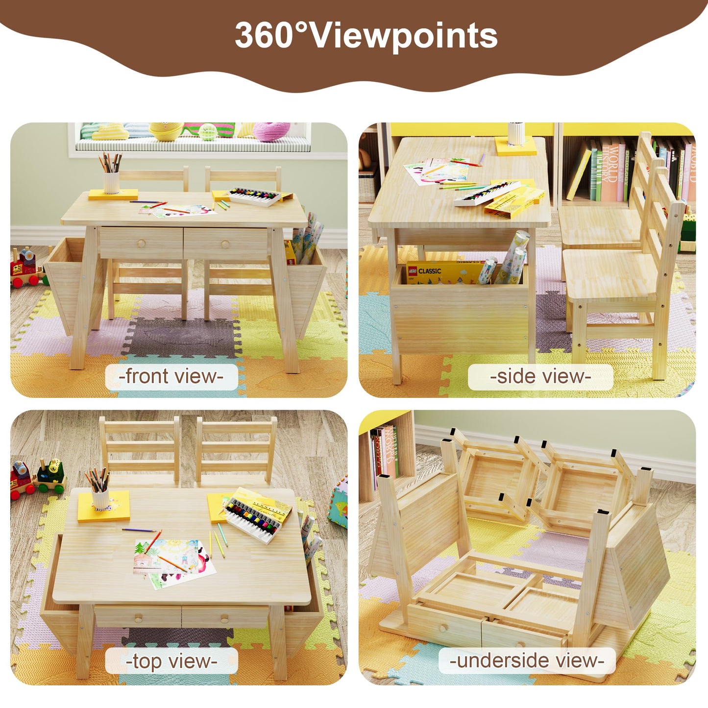 Beskadi Solid Pine Wood Table and 2 Chairs Set, Desk with Storage Bins, Premium Quality Wooden Table and Chair Set for Bedroom &Home - Boho Desks
