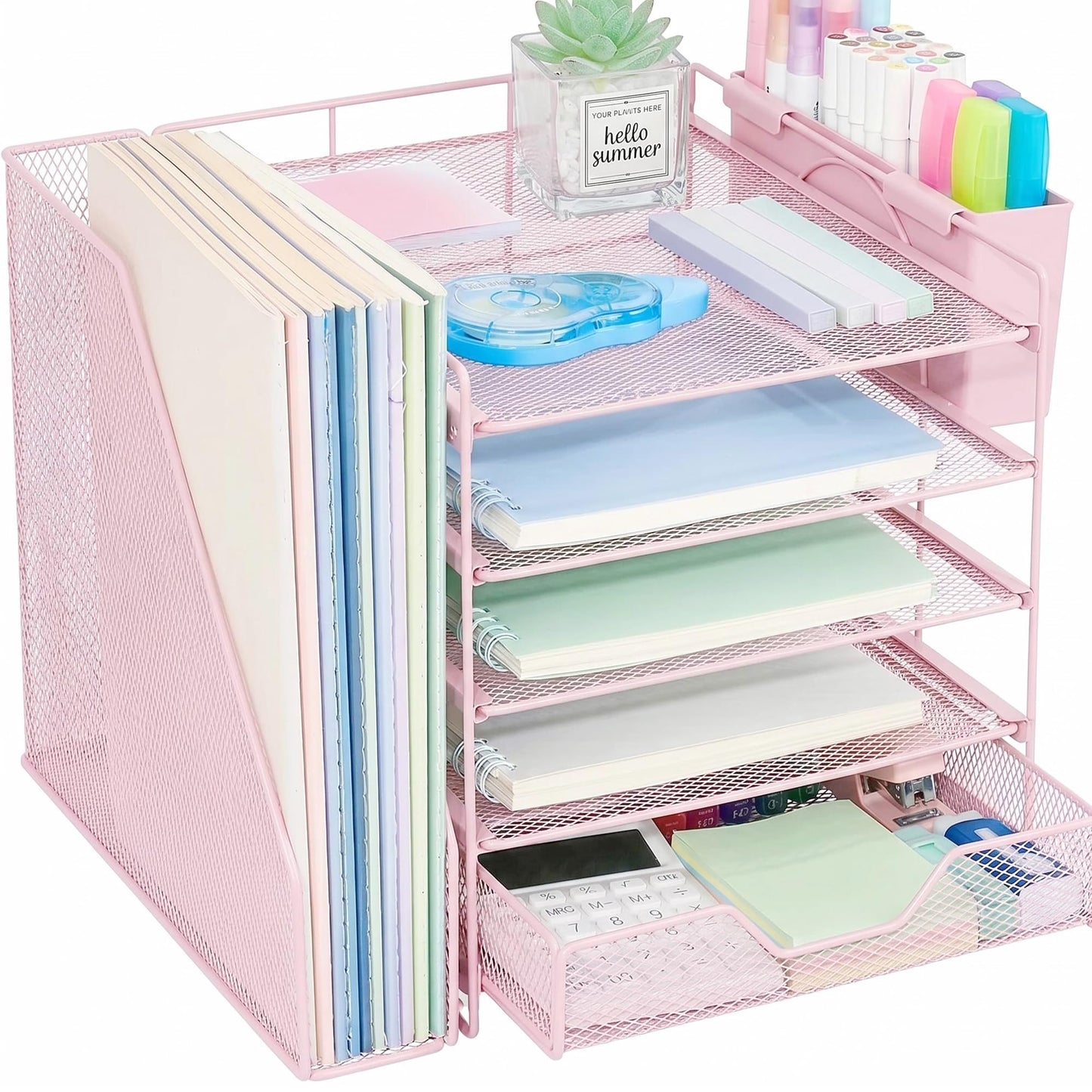 Gugsey Desk Organizers and Accessories, 5-Tier Paper Letter Tray Organizer with File Holder, Drawer & Pen Holder, Office Desk Accessories, Desktop Organizer for Classroom Office Supplies, Pink